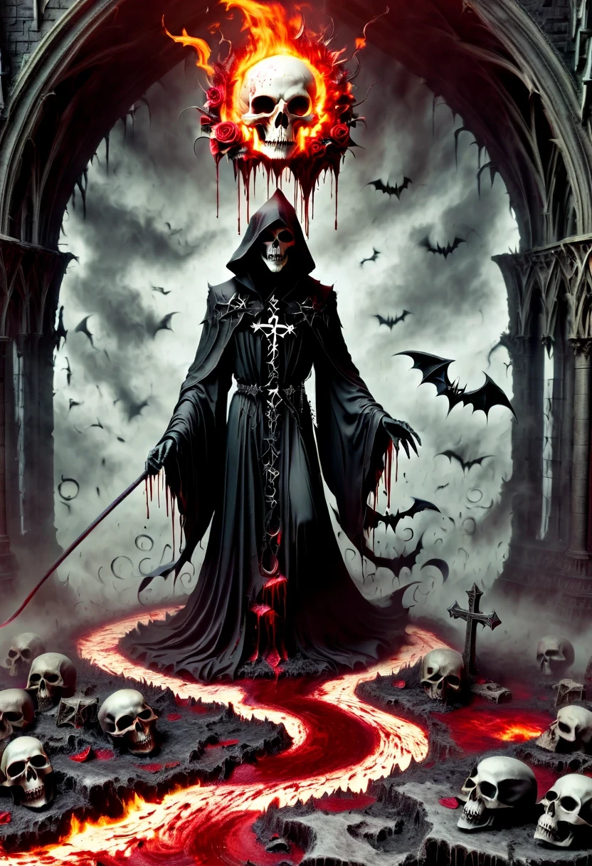 (Messenger from hell:1.4),cross,one个巨大的死神,looking from bottom to top,hell,magma,flame,(紫色flame:1.3),There is fresh Blood on the ground,Blood pool,dripping Blood,Gothic aesthetics,one、Rose、castle、cross、Blood、churchyard,gothic style的神秘、solemn and profound,gothic style,gothic style蕾丝的衣服、象征浪漫的Rose、grave、吸Blood鬼、witch、ruins、gothic cathedral,Gothic symbols series
