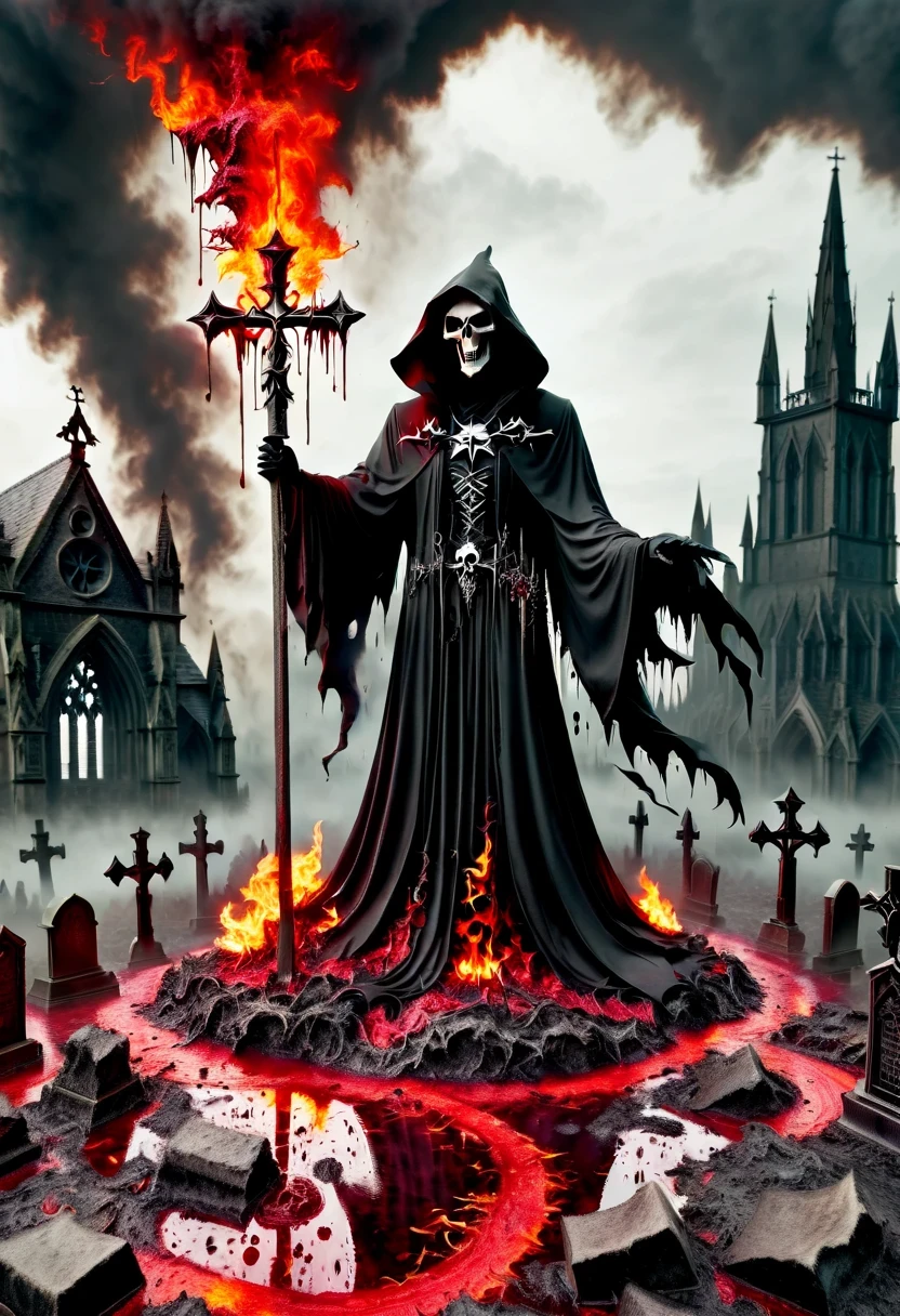 （Messenger from hell：1.4），cross，one个巨大的死神，looking from bottom to top，hell，magma，flame，（紫色flame：1.3），There is fresh Blood on the ground，Blood pool，dripping Blood，Gothic aesthetics，one、Rose、castle、cross、Blood、churchyard，gothic style的神秘、solemn and profound，gothic style，gothic style蕾丝的衣服、象征浪漫的Rose、grave、吸Blood鬼、witch、ruins、gothic cathedral，Gothic symbols series