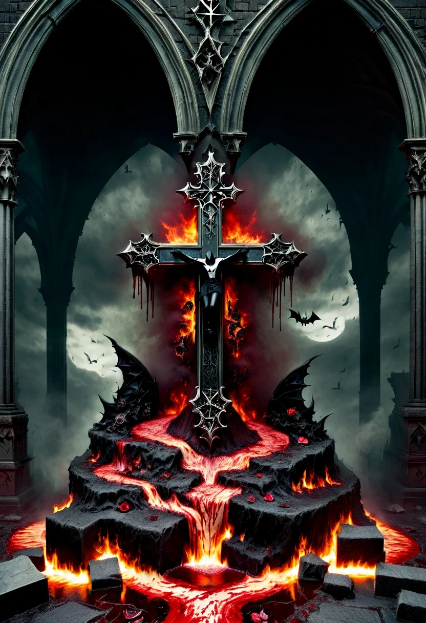（Messenger from hell：1.4），cross，one个巨大的吸Blood鬼，looking from bottom to top，hell，magma，flame，（紫色flame：1.3），There is fresh Blood on the ground，Blood pool，dripping Blood，Gothic aesthetics，one、Rose、castle、cross、Blood、churchyard，gothic style的神秘、solemn and profound，gothic style，gothic style蕾丝的衣服、象征浪漫的Rose、grave、吸Blood鬼、witch、ruins、gothic cathedral，Gothic symbols series