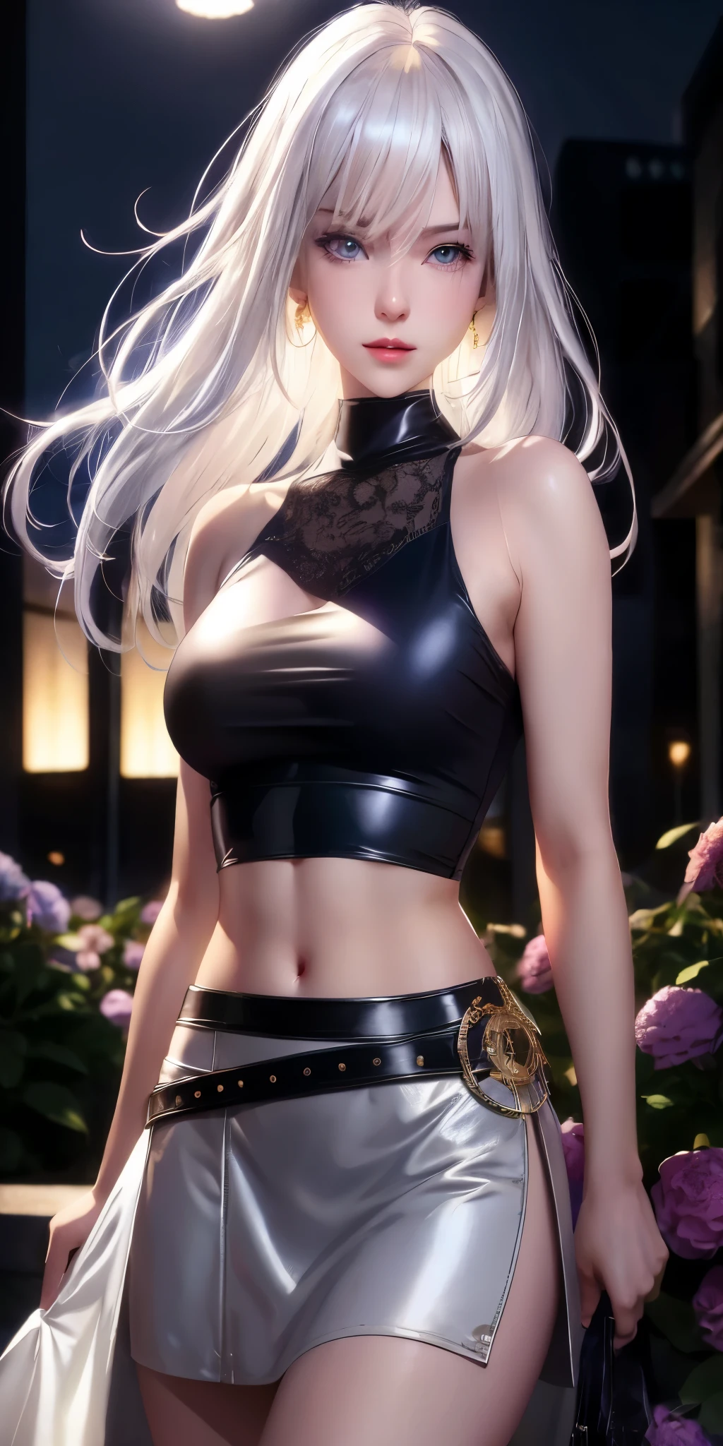a close up of a woman in a short skirt and top, tifa lockhart with white hair, beautiful alluring anime woman, smooth anime cg art, photorealistic anime girl render, seductive anime girl, female anime character, perfect white haired girl, blonde anime girl with long hair, anime character, white haired deity, beautiful anime woman, girl with white hair, 2b