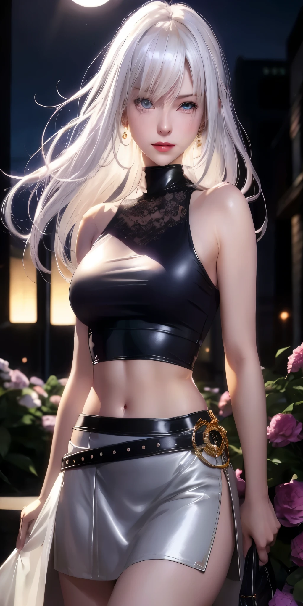 a close up of a woman in a short skirt and top, tifa lockhart with white hair, beautiful alluring anime woman, smooth anime cg art, photorealistic anime girl render, seductive anime girl, female anime character, perfect white haired girl, blonde anime girl with long hair, anime character, white haired deity, beautiful anime woman, girl with white hair, 2b