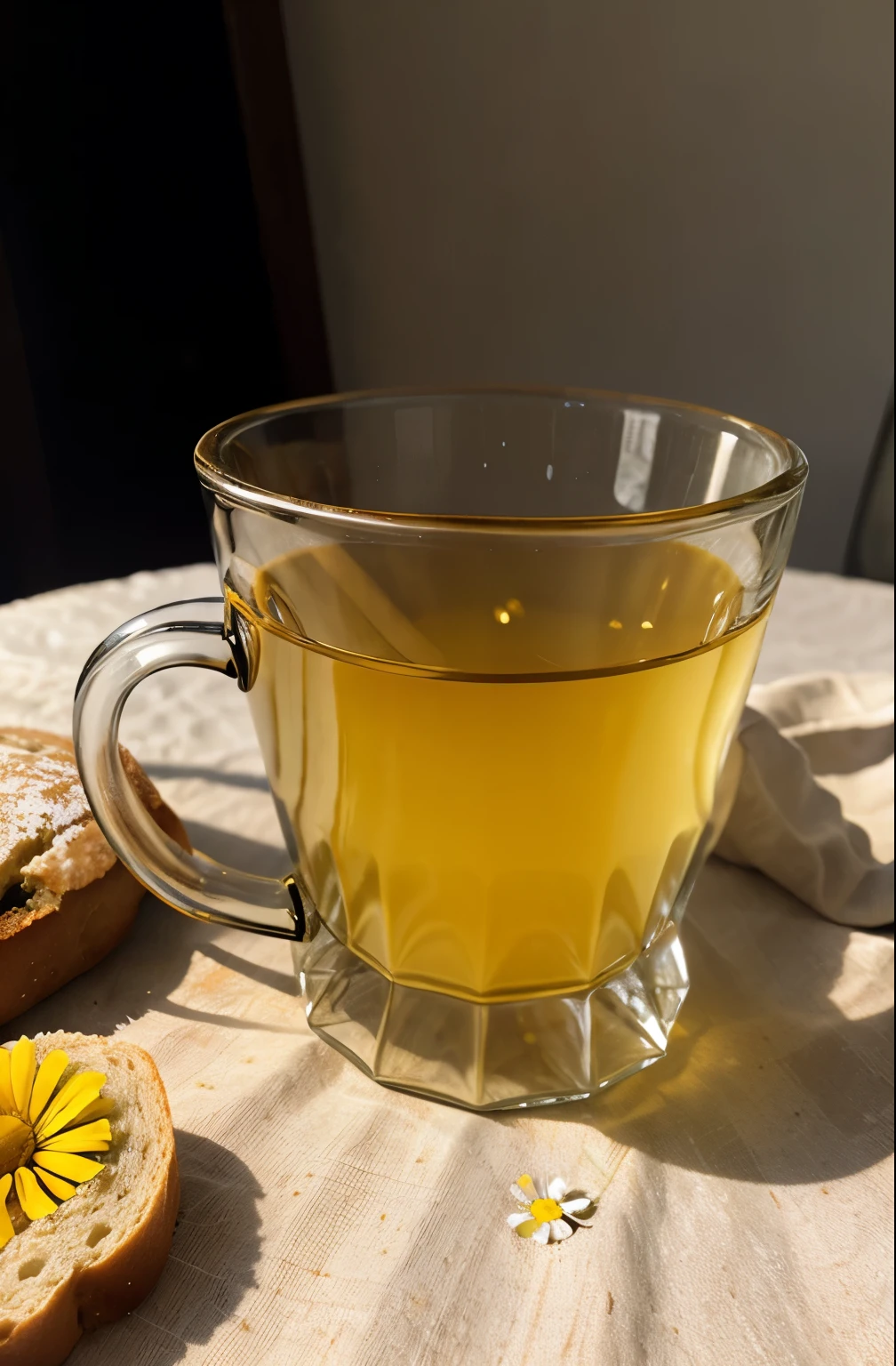 Evening, transparent mug, chamomile tea, fresh country bread