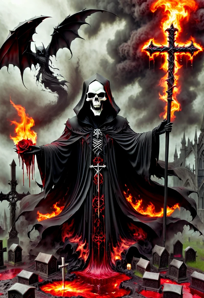 （Messenger from hell：1.4），cross，one个巨大的吸Blood鬼，looking from bottom to top，hell，magma，flame，（紫色flame：1.3），There is fresh Blood on the ground，Blood pool，dripping Blood，Gothic aesthetics，one、Rose、castle、cross、Blood、churchyard，gothic style的神秘、solemn and profound，gothic style，gothic style蕾丝的衣服、象征浪漫的Rose、grave、吸Blood鬼、witch、ruins、gothic cathedral，Gothic symbols series