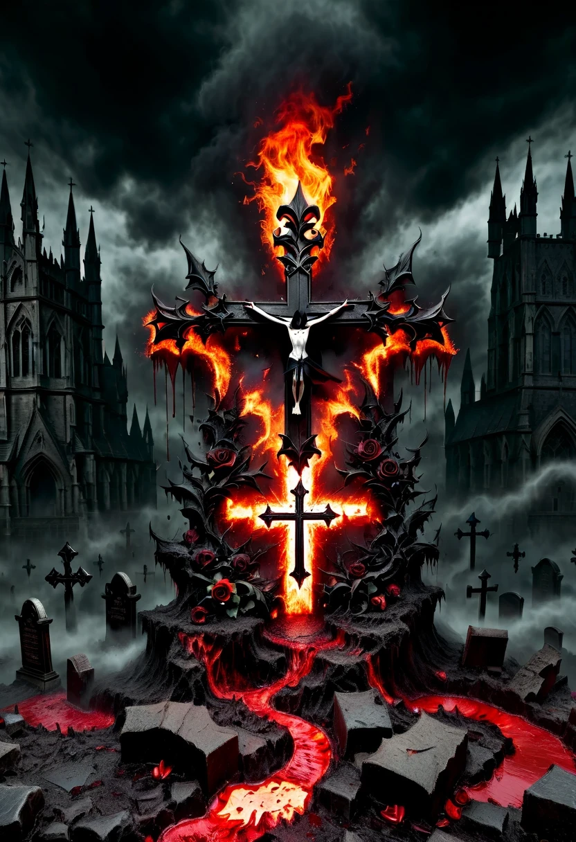 （Messenger from hell：1.4），cross，one个巨大的吸Blood鬼，looking from bottom to top，hell，magma，flame，（紫色flame：1.3），There is fresh Blood on the ground，Blood pool，dripping Blood，Gothic aesthetics，one、Rose、castle、cross、Blood、churchyard，gothic style的神秘、solemn and profound，gothic style，gothic style蕾丝的衣服、象征浪漫的Rose、grave、吸Blood鬼、witch、ruins、gothic cathedral，Gothic symbols series