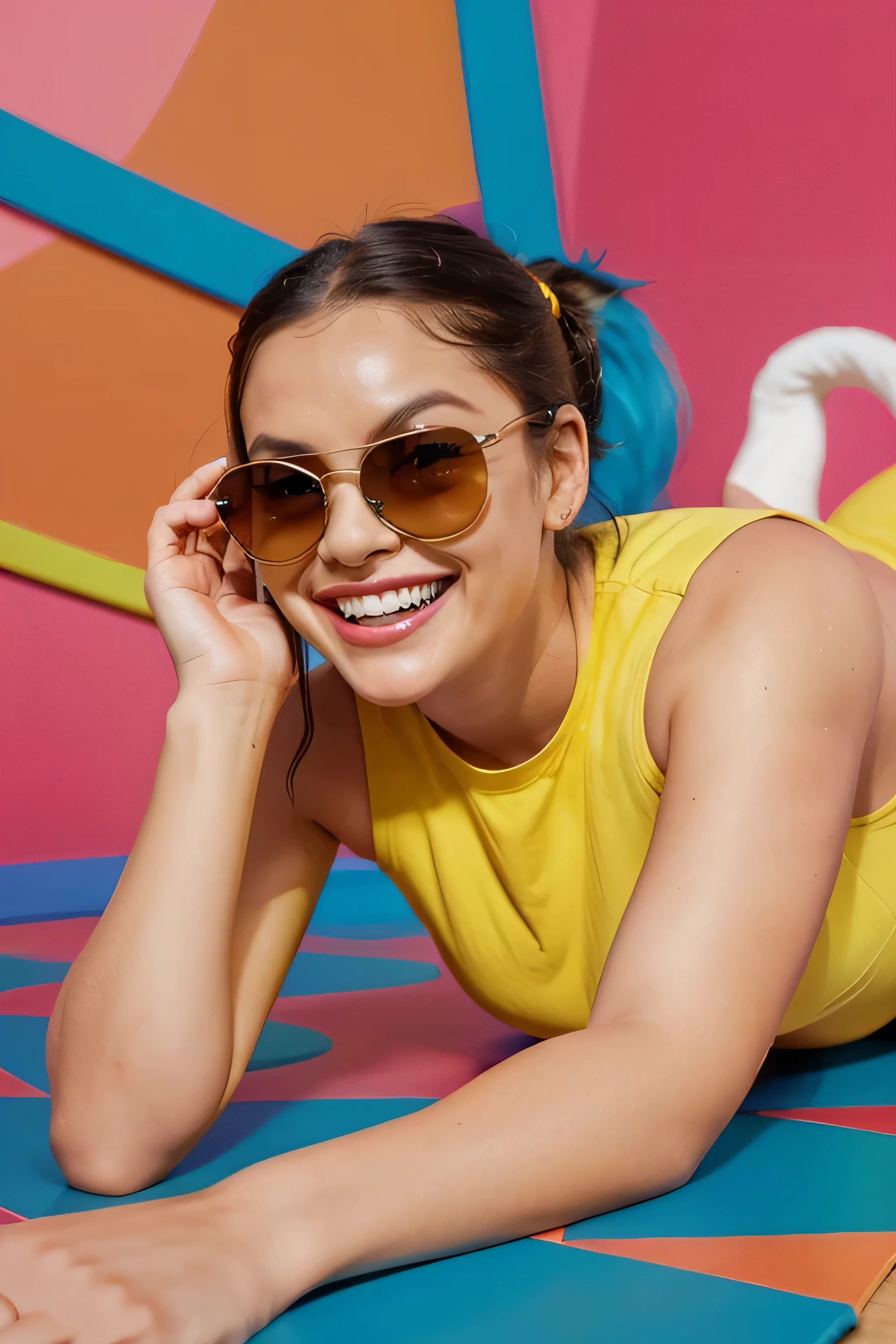 a {🤣stylish girl with sunglasses, Rolling on the Floor Laughing A yellow face with a big grin and scrunched, X-shaped eyes, tilted on its side as if rolling on the floor laughing (the internet acronym ROFL). Sheds two tears and tilts right on most platforms. Often conveys hysterical laughter more intense than 😂 Face With Tears of Joy..} in a color layered background, in the style of vibrant illustrations, editorial illustrations playful streamlined forms, festive atmosphere, rough chalk, minimal art
