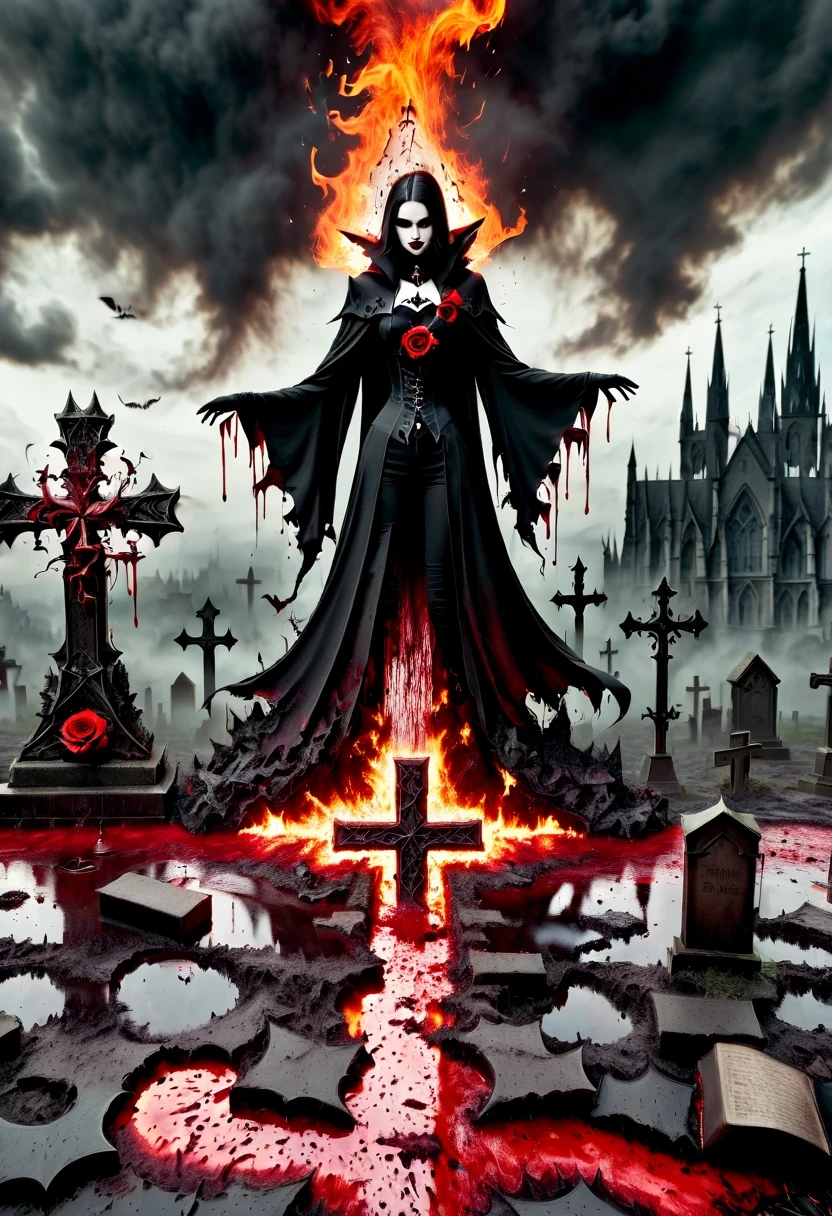 (Messenger from hell:1.4),cross,one个巨大的吸Blood鬼,looking from bottom to top,hell,magma,flame,(紫色flame:1.3),There is fresh Blood on the ground,Blood pool,dripping Blood,Gothic aesthetics,one、Rose、castle、cross、Blood、churchyard,gothic style的神秘、solemn and profound,gothic style,gothic style蕾丝的衣服、象征浪漫的Rose、grave、吸Blood鬼、witch、ruins、gothic cathedral,Gothic symbols series