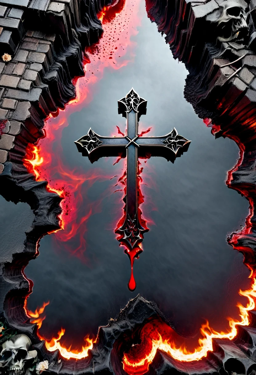 (Messenger from hell:1.4),cross,one个巨大的吸Blood鬼,looking from bottom to top,hell,magma,flame,(紫色flame:1.3),There is fresh Blood on the ground,Blood pool,dripping Blood,Gothic aesthetics,one、Rose、castle、cross、Blood、churchyard,gothic style的神秘、solemn and profound,gothic style,gothic style蕾丝的衣服、象征浪漫的Rose、grave、吸Blood鬼、witch、ruins、gothic cathedral,Gothic symbols series