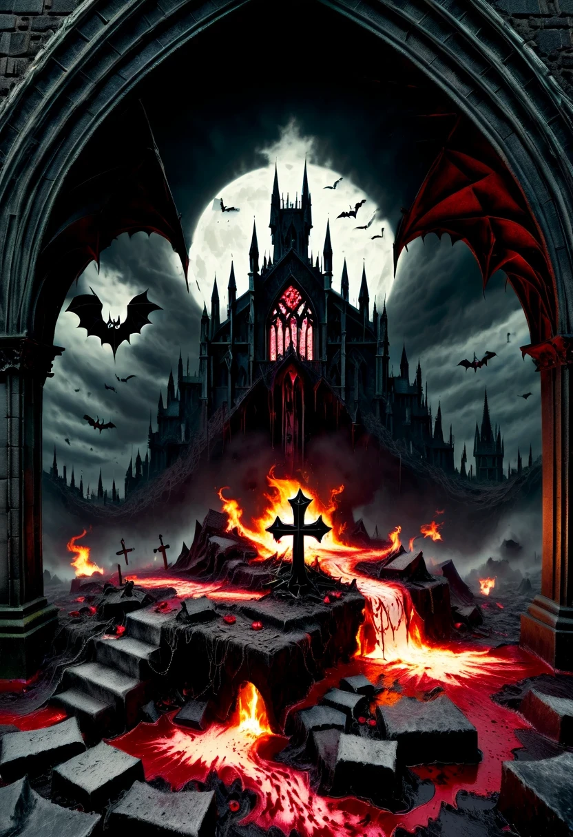(Messenger from hell:1.4),cross,one个巨大的吸Blood鬼,looking from bottom to top,hell,magma,flame,(紫色flame:1.3),There is fresh Blood on the ground,Blood pool,dripping Blood,Gothic aesthetics,one、Rose、castle、cross、Blood、churchyard,gothic style的神秘、solemn and profound,gothic style,gothic style蕾丝的衣服、象征浪漫的Rose、grave、吸Blood鬼、witch、ruins、gothic cathedral,Gothic symbols series