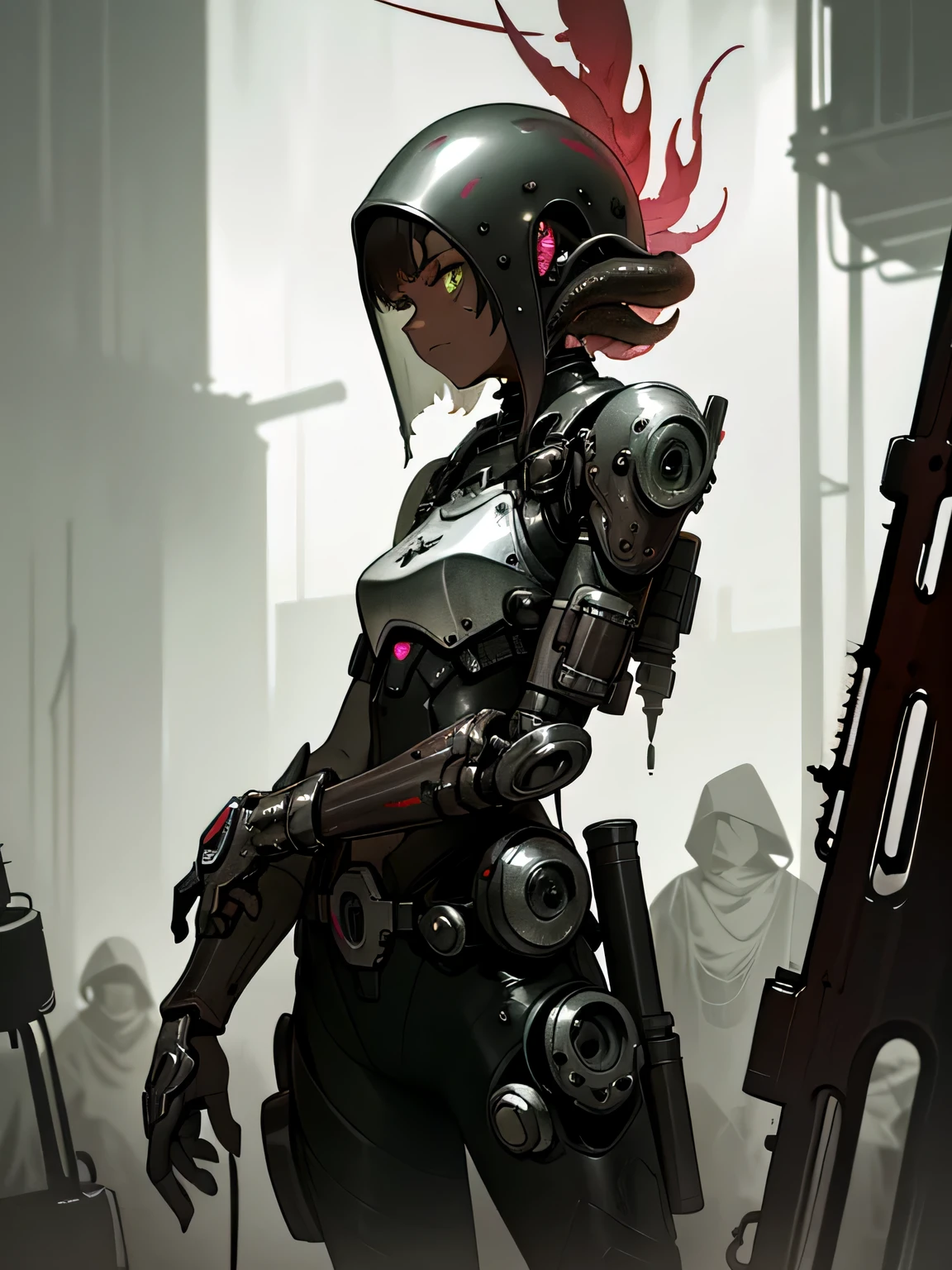 (((Neglect of play style))), ((Biopunk art of dark tentacles)), Biopunk girl, (dark skin), ((dark brown skin)), (brown dark skin), short hair, hawthorn hair, Green eyes, living pale red helmet, sharp silver accents on bare shoulders, multi-membrane pale gray bib, spinal girdle, Short clothes, Hans Giger accessories, von Zdzislaw Beksinski, hopeless art, dystopian art, ((dark biopunk)), dark oily liquids, A ruined environment, gloomy foggy landscapes, highly detailed art, very detailed background