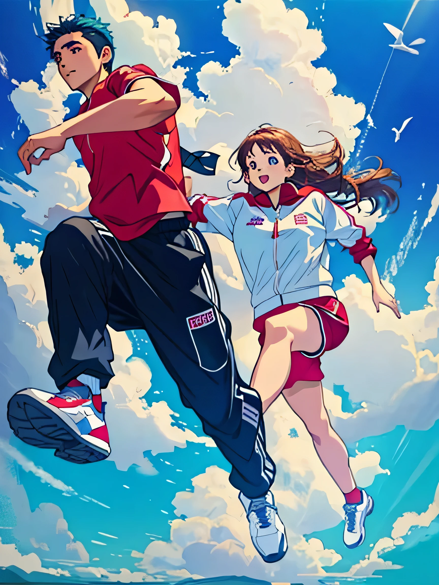 there is a 9 year old boy and girl in gym clothes who run floating in the air, correndo sobre nuvens, 8K, detalhado, imagem detalhada, corpo inteiro, Background of sky and clouds