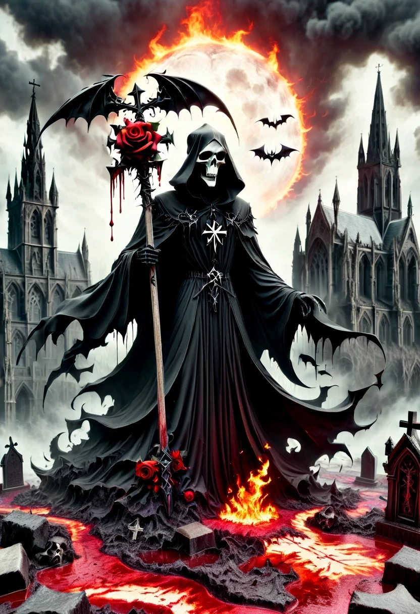 (Messenger from hell:1.4),cross,one个巨大的死神,looking from bottom to top,hell,magma,flame,(紫色flame:1.3),There is fresh Blood on the ground,Blood pool,dripping Blood,Gothic aesthetics,one、Rose、castle、cross、Blood、churchyard,gothic style的神秘、solemn and profound,gothic style,gothic style蕾丝的衣服、象征浪漫的Rose、grave、吸Blood鬼、witch、ruins、gothic cathedral,Gothic symbols series