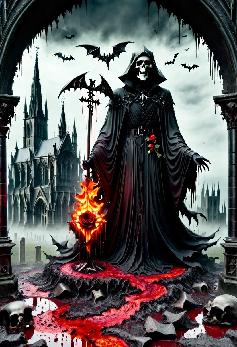 （Messenger from hell：1.4），cross，one个巨大的死神，looking from bottom to top，hell，magma，flame，（紫色flame：1.3），There is fresh Blood on the ground，Blood pool，dripping Blood，Gothic aesthetics，one、Rose、castle、cross、Blood、churchyard，gothic style的神秘、solemn and profound，gothic style，gothic style蕾丝的衣服、象征浪漫的Rose、grave、吸Blood鬼、witch、ruins、gothic cathedral，Gothic symbols series