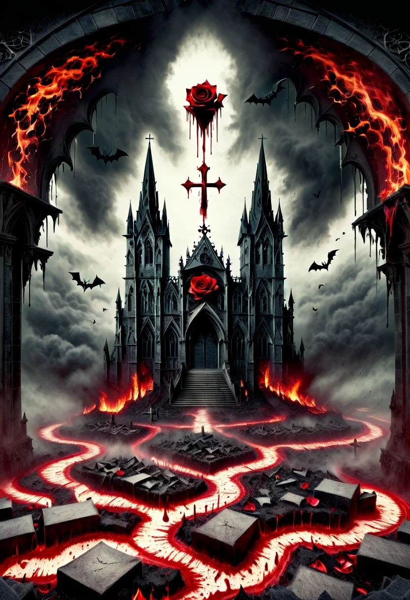 （Messenger from hell：1.4），cross，one个巨大的吸Blood鬼，looking from bottom to top，hell，magma，flame，（紫色flame：1.3），There is fresh Blood on the ground，Blood pool，dripping Blood，Gothic aesthetics，one、Rose、castle、cross、Blood、churchyard，gothic style的神秘、solemn and profound，gothic style，gothic style蕾丝的衣服、象征浪漫的Rose、grave、吸Blood鬼、witch、ruins、gothic cathedral，Gothic symbols series