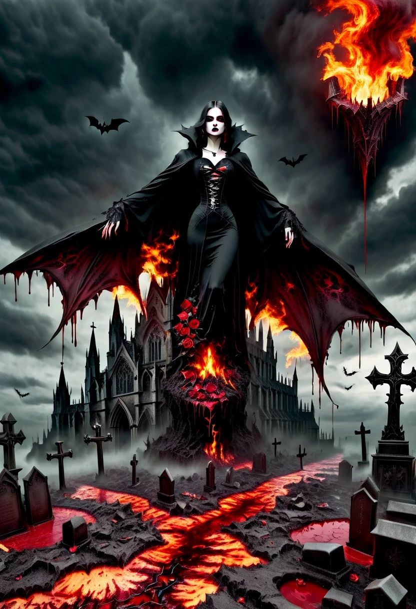 (Messenger from hell:1.4),cross,one个巨大的吸Blood鬼,looking from bottom to top,hell,magma,flame,(紫色flame:1.3),There is fresh Blood on the ground,Blood pool,dripping Blood,Gothic aesthetics,one、Rose、castle、cross、Blood、churchyard,gothic style的神秘、solemn and profound,gothic style,gothic style蕾丝的衣服、象征浪漫的Rose、grave、吸Blood鬼、witch、ruins、gothic cathedral,Gothic symbols series