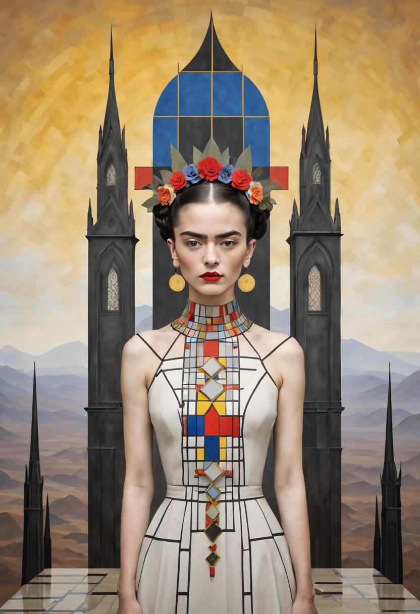 Imagine a mesmerizing 3D-generated painting that seamlessly blends the contrasting styles of Piet Mondrian and Frida Kahlo with the enigmatic themes of Gothic art. In this visual masterpiece, envision Gothic architectural elements forming the backdrop, characterized by soaring spires and intricate arches, meticulously rendered with Mondrian's geometric precision. Within this structured landscape, a Kahlo-inspired woman emerges, adorned with Gothic motifs, her ethereal beauty echoing the mysterious allure of Gothic art. Bold colors inspired by Kahlo's palette pierce through the stark Mondrian-esque lines, creating a unique fusion of rigidity and emotion. This artwork encapsulates a captivating harmony between the ordered elegance of Mondrian, the emotional richness of Kahlo, and the enigmatic atmosphere of Gothic aesthetics.