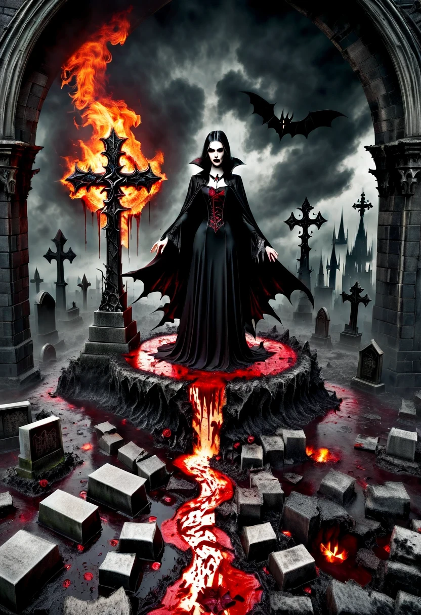 （Messenger from hell：1.4），cross，one个巨大的吸Blood鬼，looking from bottom to top，hell，magma，flame，（紫色flame：1.3），There is fresh Blood on the ground，Blood pool，dripping Blood，Gothic aesthetics，one、Rose、castle、cross、Blood、churchyard，gothic style的神秘、solemn and profound，gothic style，gothic style蕾丝的衣服、象征浪漫的Rose、grave、吸Blood鬼、witch、ruins、gothic cathedral，Gothic symbols series