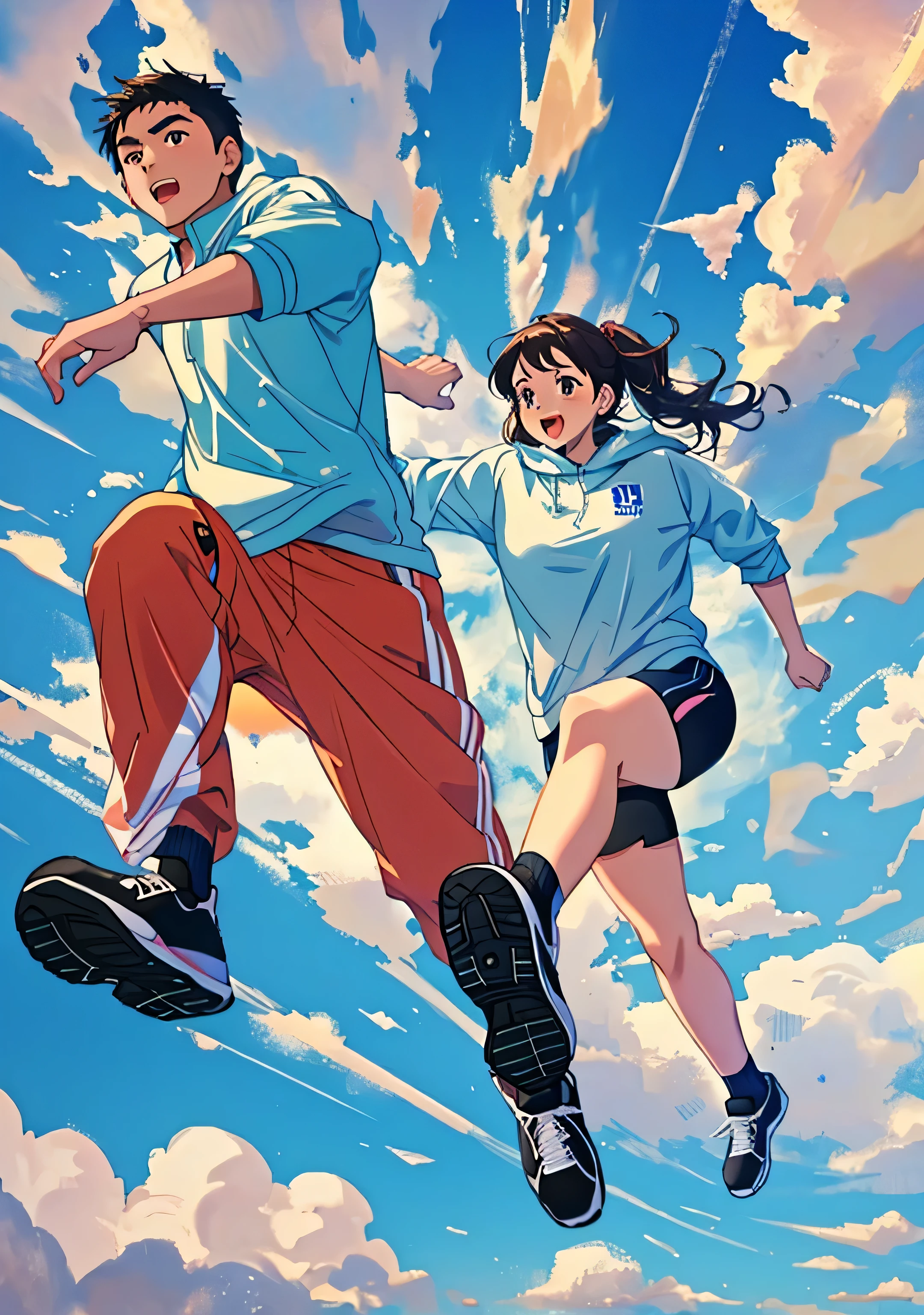there is a 9 year old boy and girl in gym clothes who run floating in the air, correndo sobre nuvens, rosto detalhado, rosto feliz, fun, prazer, 8K, detalhado, imagem detalhada, corpo inteiro, Background of sky and clouds