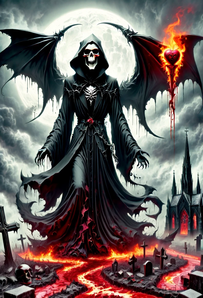 (Messenger from hell:1.4),cross,one个巨大的死神,looking from bottom to top,hell,magma,flame,(紫色flame:1.3),There is fresh Blood on the ground,Blood pool,dripping Blood,Gothic aesthetics,one、Rose、castle、cross、Blood、churchyard,gothic style的神秘、solemn and profound,gothic style,gothic style蕾丝的衣服、象征浪漫的Rose、grave、吸Blood鬼、witch、ruins、gothic cathedral,Gothic symbols series