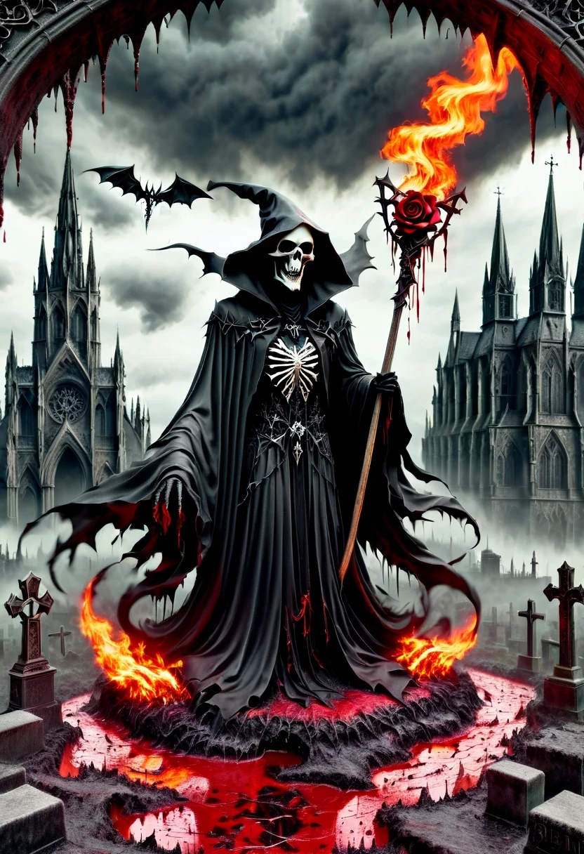 （Messenger from hell：1.4），cross，one个巨大的吸Blood鬼，looking from bottom to top，hell，magma，flame，（紫色flame：1.3），There is fresh Blood on the ground，Blood pool，dripping Blood，Gothic aesthetics，one、Rose、castle、cross、Blood、churchyard，gothic style的神秘、solemn and profound，gothic style，gothic style蕾丝的衣服、象征浪漫的Rose、grave、吸Blood鬼、witch、ruins、gothic cathedral，Gothic symbols series