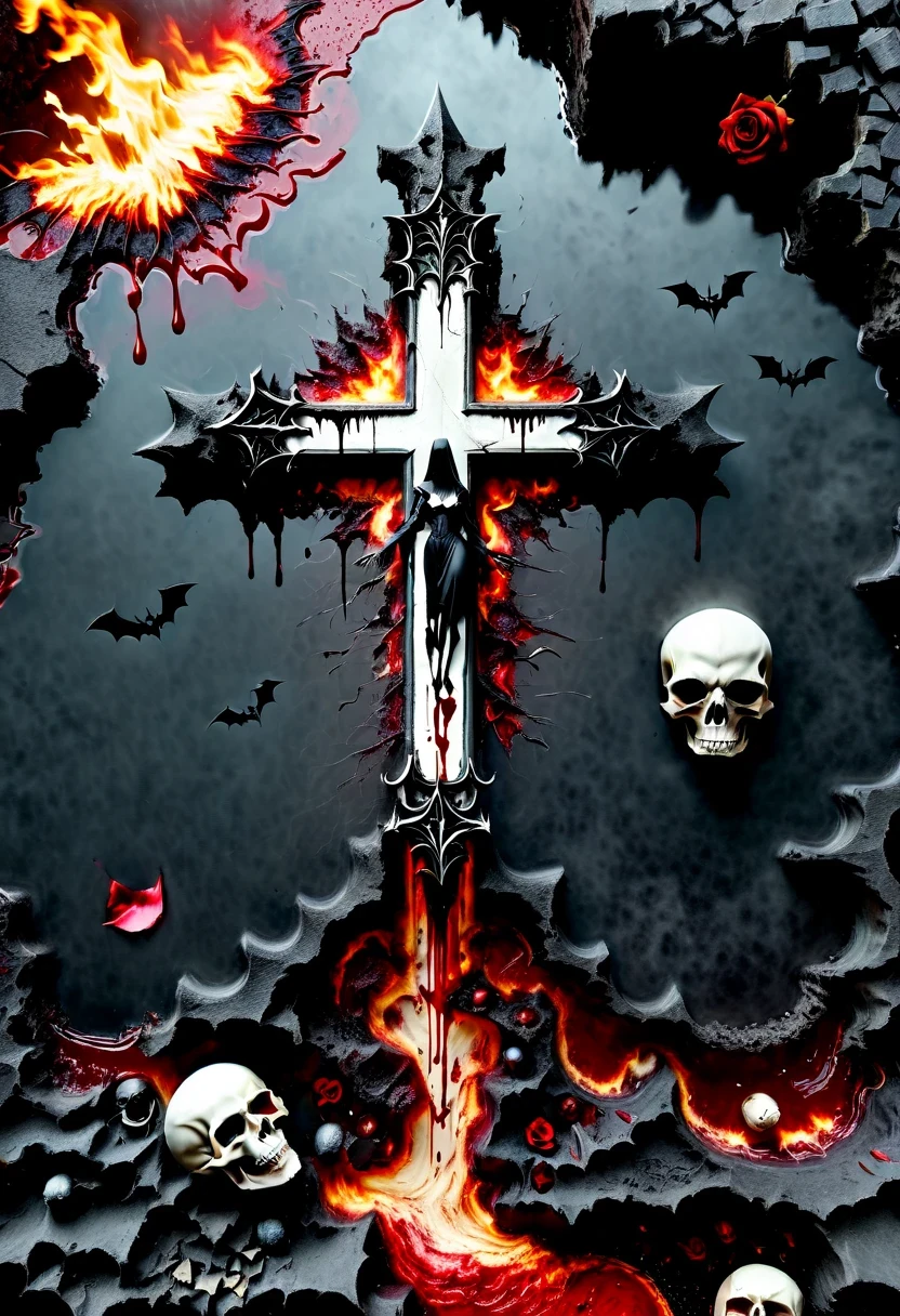 (Messenger from hell:1.4),cross,one个巨大的吸Blood鬼,looking from bottom to top,hell,magma,flame,(紫色flame:1.3),There is fresh Blood on the ground,Blood pool,dripping Blood,Gothic aesthetics,one、Rose、castle、cross、Blood、churchyard,gothic style的神秘、solemn and profound,gothic style,gothic style蕾丝的衣服、象征浪漫的Rose、grave、吸Blood鬼、witch、ruins、gothic cathedral,Gothic symbols series