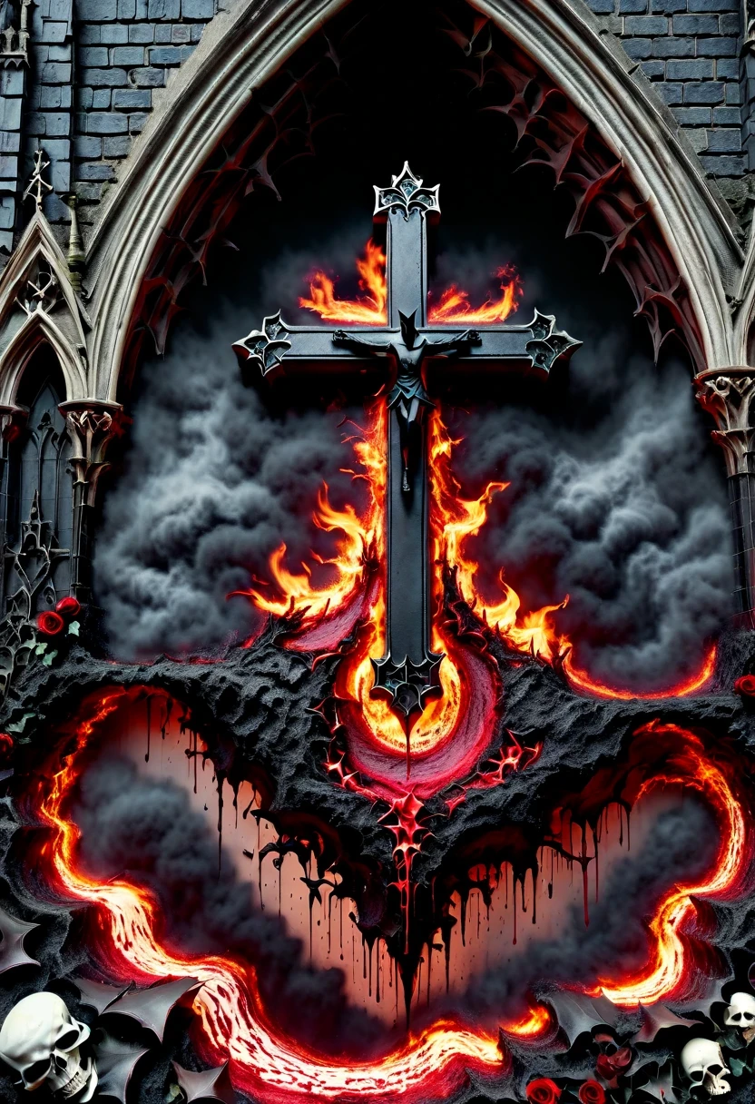 (Messenger from hell:1.4),cross,one个巨大的吸Blood鬼,looking from bottom to top,hell,magma,flame,(紫色flame:1.3),There is fresh Blood on the ground,Blood pool,dripping Blood,Gothic aesthetics,one、Rose、castle、cross、Blood、churchyard,gothic style的神秘、solemn and profound,gothic style,gothic style蕾丝的衣服、象征浪漫的Rose、grave、吸Blood鬼、witch、ruins、gothic cathedral,Gothic symbols series