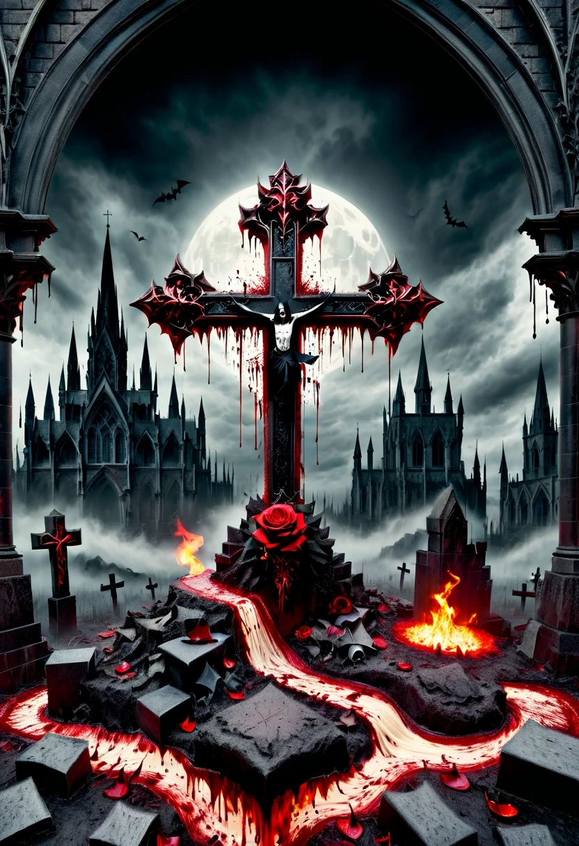 （Messenger from hell：1.4），cross，one个巨大的吸Blood鬼，looking from bottom to top，hell，magma，flame，（紫色flame：1.3），There is fresh Blood on the ground，Blood pool，dripping Blood，Gothic aesthetics，one、Rose、castle、cross、Blood、churchyard，gothic style的神秘、solemn and profound，gothic style，gothic style蕾丝的衣服、象征浪漫的Rose、grave、吸Blood鬼、witch、ruins、gothic cathedral，Gothic symbols series
