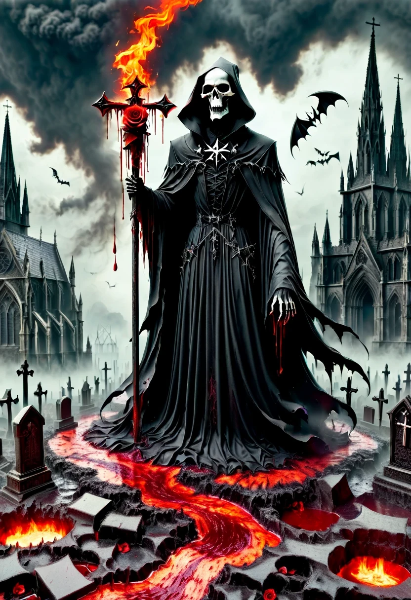 （Messenger from hell：1.4），cross，one个巨大的吸Blood鬼，looking from bottom to top，hell，magma，flame，（紫色flame：1.3），There is fresh Blood on the ground，Blood pool，dripping Blood，Gothic aesthetics，one、Rose、castle、cross、Blood、churchyard，gothic style的神秘、solemn and profound，gothic style，gothic style蕾丝的衣服、象征浪漫的Rose、grave、吸Blood鬼、witch、ruins、gothic cathedral，Gothic symbols series