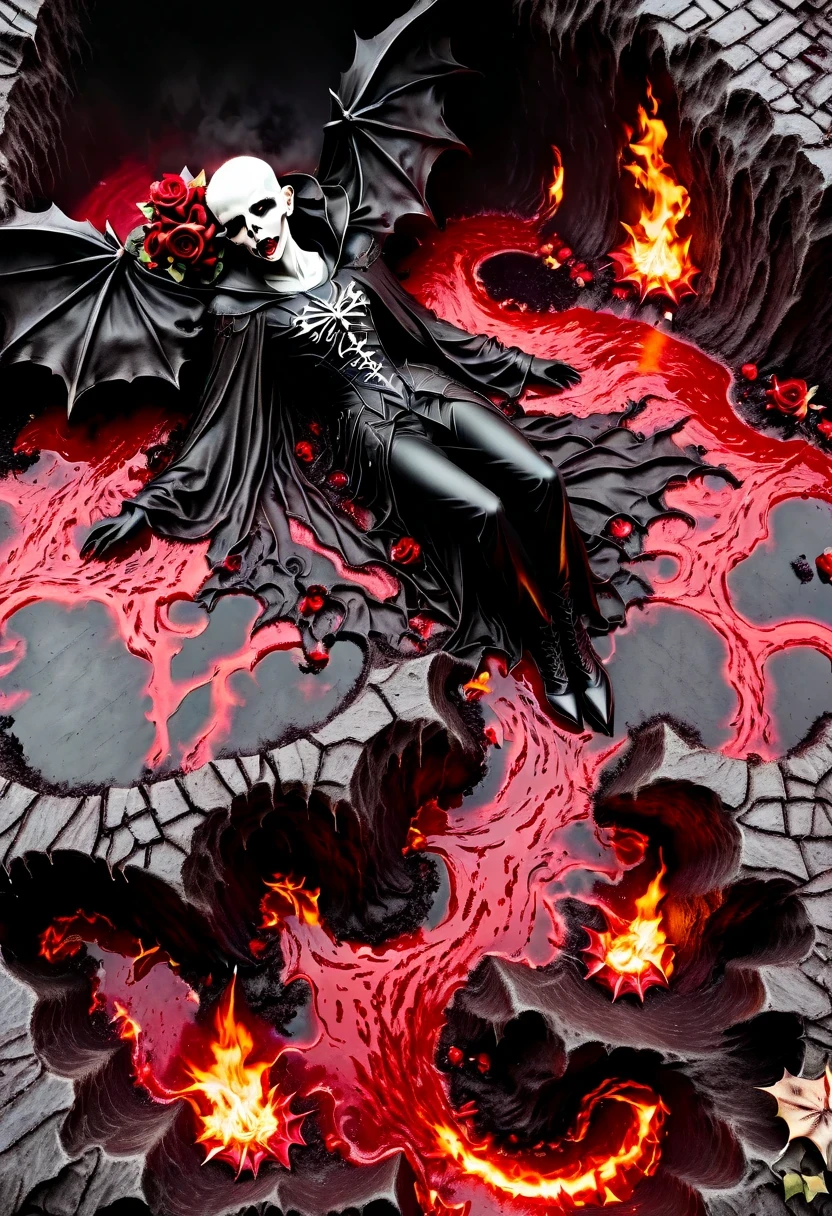 (Messenger from hell:1.4),cross,one个巨大的吸Blood鬼,looking from bottom to top,hell,magma,flame,(紫色flame:1.3),There is fresh Blood on the ground,Blood pool,dripping Blood,Gothic aesthetics,one、Rose、castle、cross、Blood、churchyard,gothic style的神秘、solemn and profound,gothic style,gothic style蕾丝的衣服、象征浪漫的Rose、grave、吸Blood鬼、witch、ruins、gothic cathedral,Gothic symbols series