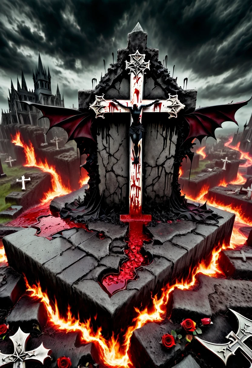 (Messenger from hell:1.4),cross,one个巨大的吸Blood鬼,looking from bottom to top,hell,magma,flame,(紫色flame:1.3),There is fresh Blood on the ground,Blood pool,dripping Blood,Gothic aesthetics,one、Rose、castle、cross、Blood、churchyard,gothic style的神秘、solemn and profound,gothic style,gothic style蕾丝的衣服、象征浪漫的Rose、grave、吸Blood鬼、witch、ruins、gothic cathedral,Gothic symbols series