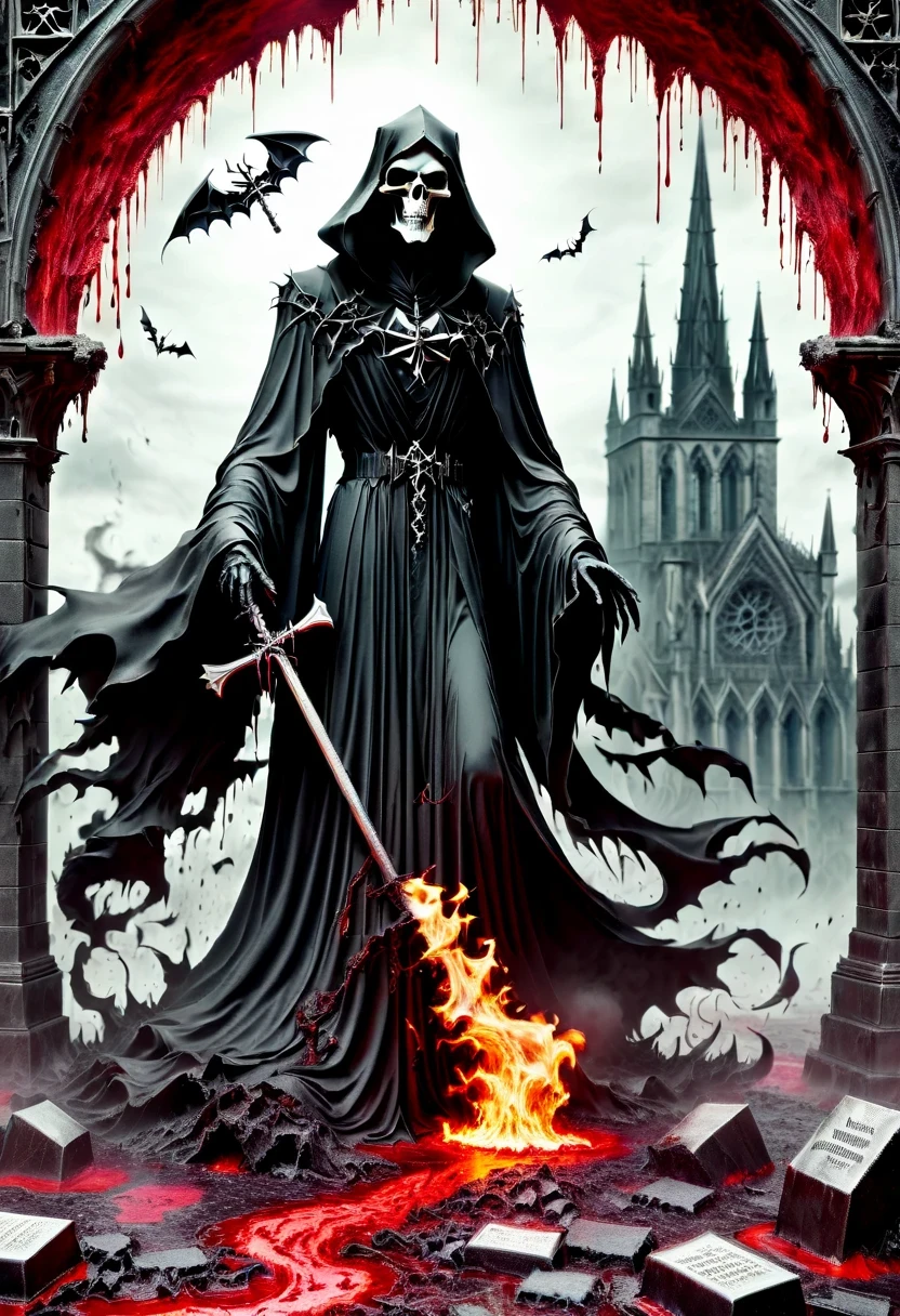 (Messenger from hell:1.4),cross,one个巨大的死神,looking from bottom to top,hell,magma,flame,(紫色flame:1.3),There is fresh Blood on the ground,Blood pool,dripping Blood,Gothic aesthetics,one、Rose、castle、cross、Blood、churchyard,gothic style的神秘、solemn and profound,gothic style,gothic style蕾丝的衣服、象征浪漫的Rose、grave、吸Blood鬼、witch、ruins、gothic cathedral,Gothic symbols series