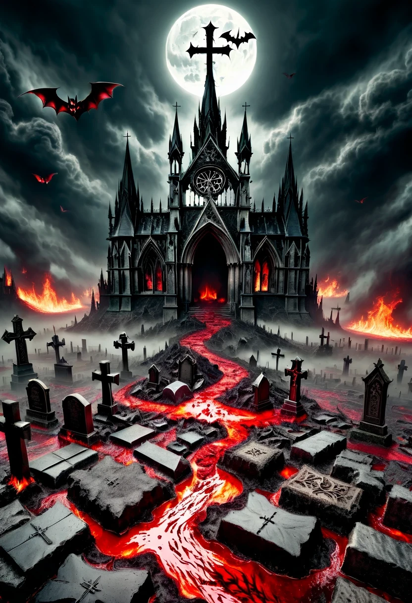 （Messenger from hell：1.4），cross，one个巨大的吸Blood鬼，looking from bottom to top，hell，magma，flame，（紫色flame：1.3），There is fresh Blood on the ground，Blood pool，dripping Blood，Gothic aesthetics，one、Rose、castle、cross、Blood、churchyard，gothic style的神秘、solemn and profound，gothic style，gothic style蕾丝的衣服、象征浪漫的Rose、grave、吸Blood鬼、witch、ruins、gothic cathedral，Gothic symbols series