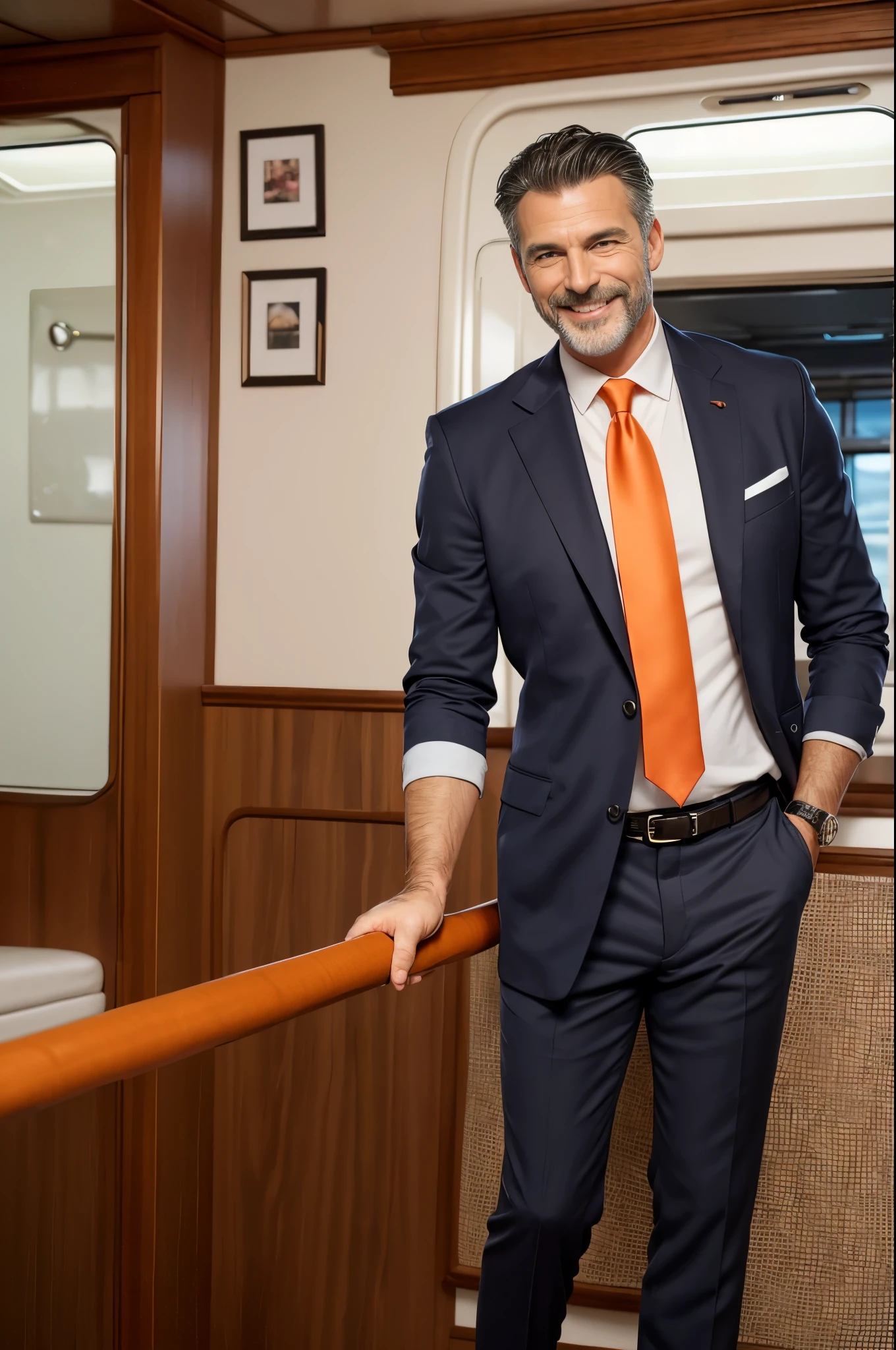 Elegant man, in his 50s, mature, Dark black hair, Short straight hair, hair up to neck height, orange eyes, black eye patch, Gray social blouse, dark blouse underneath, Purple scarf on a tie, gray social trousers, Black Social Shoes, Ivory cane, Smiling discreetly, muscular man,  Interior decorations of the ship, handsome man.