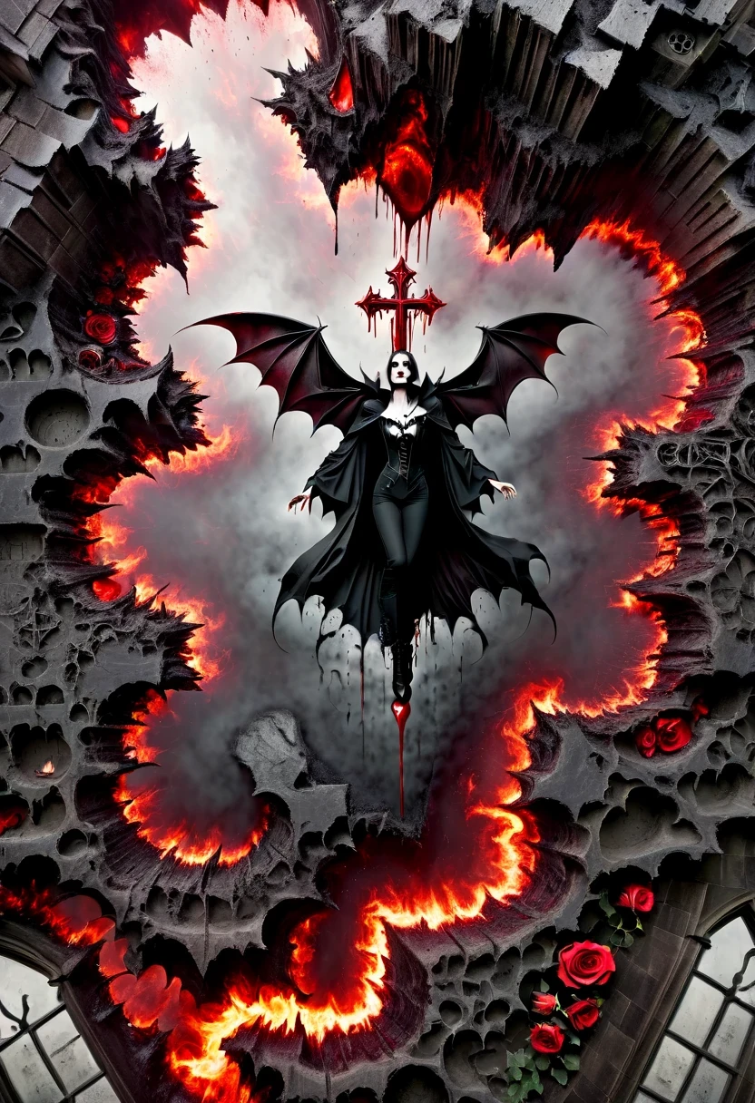 （Messenger from hell：1.4），cross，one个巨大的吸Blood鬼，looking from bottom to top，hell，magma，flame，（紫色flame：1.3），There is fresh Blood on the ground，Blood pool，dripping Blood，Gothic aesthetics，one、Rose、castle、cross、Blood、churchyard，gothic style的神秘、solemn and profound，gothic style，gothic style蕾丝的衣服、象征浪漫的Rose、grave、吸Blood鬼、witch、ruins、gothic cathedral，Gothic symbols series