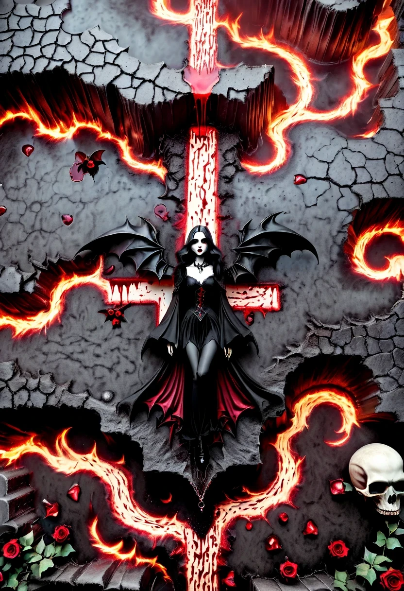 （Messenger from hell：1.4），cross，one个巨大的吸Blood鬼，looking from bottom to top，hell，magma，flame，（紫色flame：1.3），There is fresh Blood on the ground，Blood pool，dripping Blood，Gothic aesthetics，one、Rose、castle、cross、Blood、churchyard，gothic style的神秘、solemn and profound，gothic style，gothic style蕾丝的衣服、象征浪漫的Rose、grave、吸Blood鬼、witch、ruins、gothic cathedral，Gothic symbols series