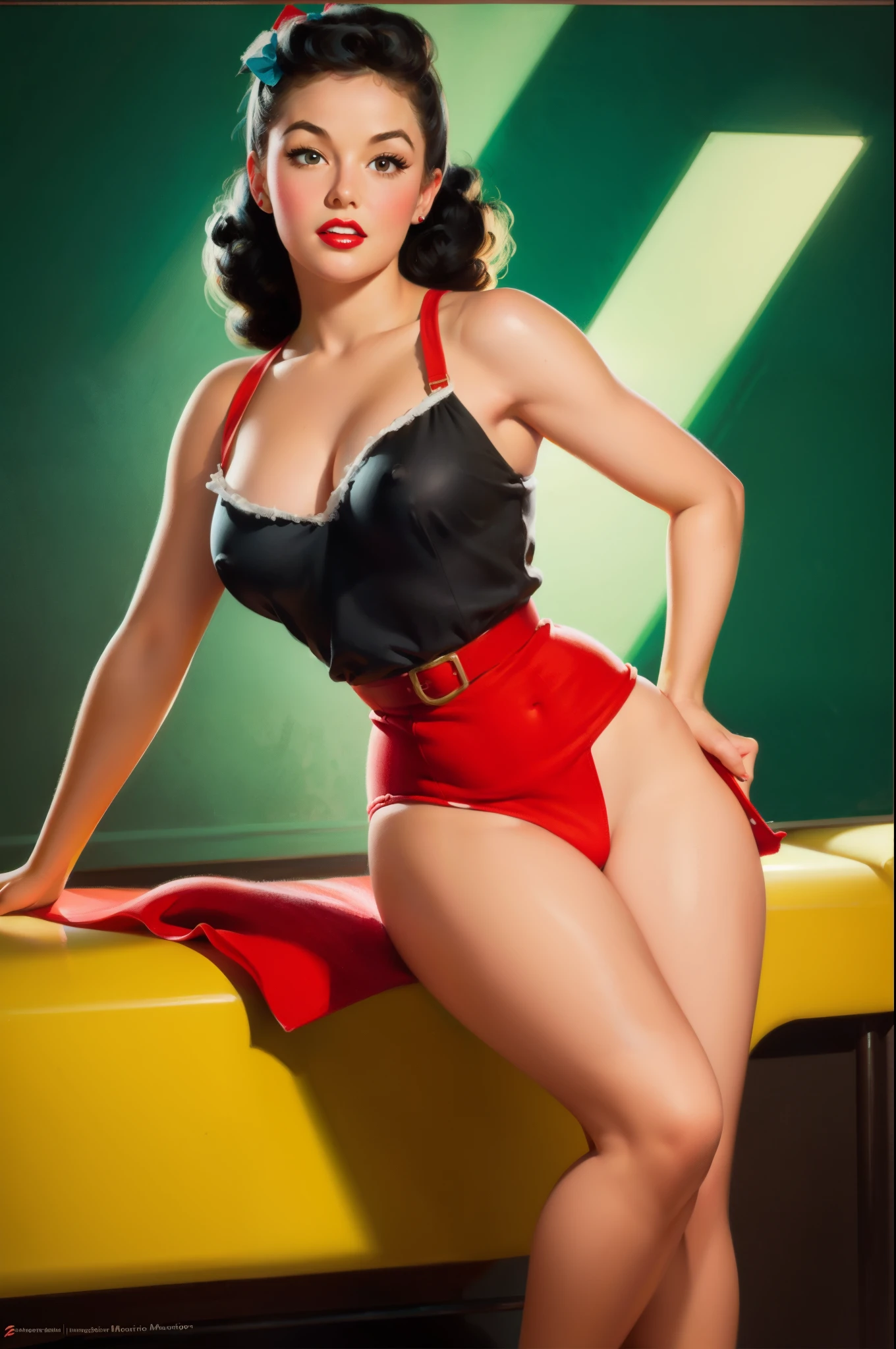 20 years old Girl in a classroom, teacher for grade school, medium breast, shining skin, dramatic lighting, pin up style, sexy, surprised, , colorful , masterpieces, illustrated, shining skin, detailed face, Medium breast. tight body. black hair, Illustrated BY Zoe Mozert, pinup art byZoe Mozert, vintage pin up, illustrated by Zoe Mozert, girl pinup, pinup girl, pin-up poster girl, pin up girl, pinup, pin - up girl, Detailed face, Detailed Hands, Detailed legs,