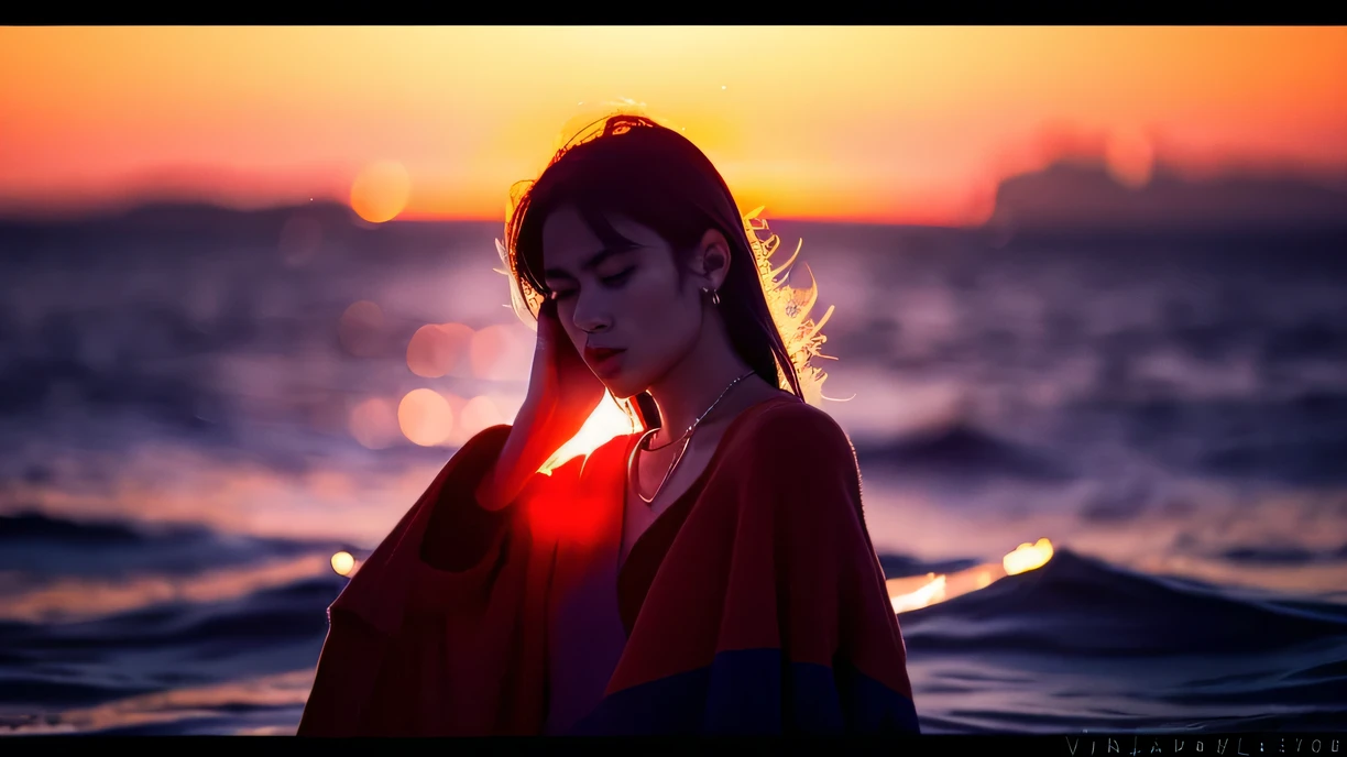 ((highest quality)), ((masterpiece)), (become familiar with), cinematic, landscape photography, A bright shooting star sinking into the sea seen from a ship,flat perspective of indigo night sky, Capture calm moments, now, wide angle shot, 8K ultra-high resolution, Digital single-lens reflex camera, In National Geographic photography style, evoking a sense of tranquility and awe, golden hour lighting, deep orange color palette, purple, and blues, Minimal and ultra-avant-garde art style, Multiple sophisticated filter effects to enhance mood and texture. unmanned, No Man, Not for women