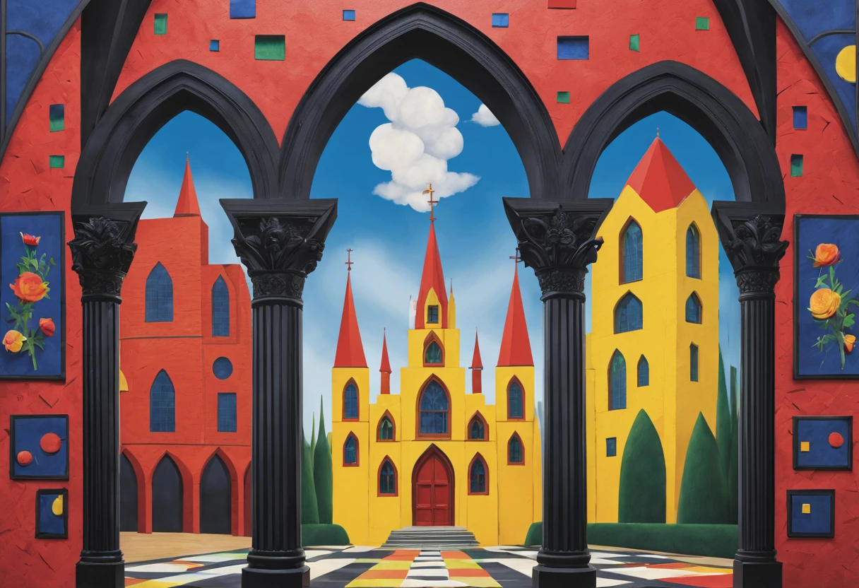 Imagine a mesmerizing 3D-generated painting that seamlessly blends the contrasting styles of Piet Mondrian and Frida Kahlo with the enigmatic themes of Gothic art. In this visual masterpiece, envision Gothic architectural elements forming the backdrop, characterized by soaring spires and intricate arches, meticulously rendered with Mondrian's geometric precision. Within this structured landscape, a Kahlo-inspired woman emerges, adorned with Gothic motifs, her ethereal beauty echoing the mysterious allure of Gothic art. Bold colors inspired by Kahlo's palette pierce through the stark Mondrian-esque lines, creating a unique fusion of rigidity and emotion. This artwork encapsulates a captivating harmony between the ordered elegance of Mondrian, the emotional richness of Kahlo, and the enigmatic atmosphere of Gothic aesthetics.