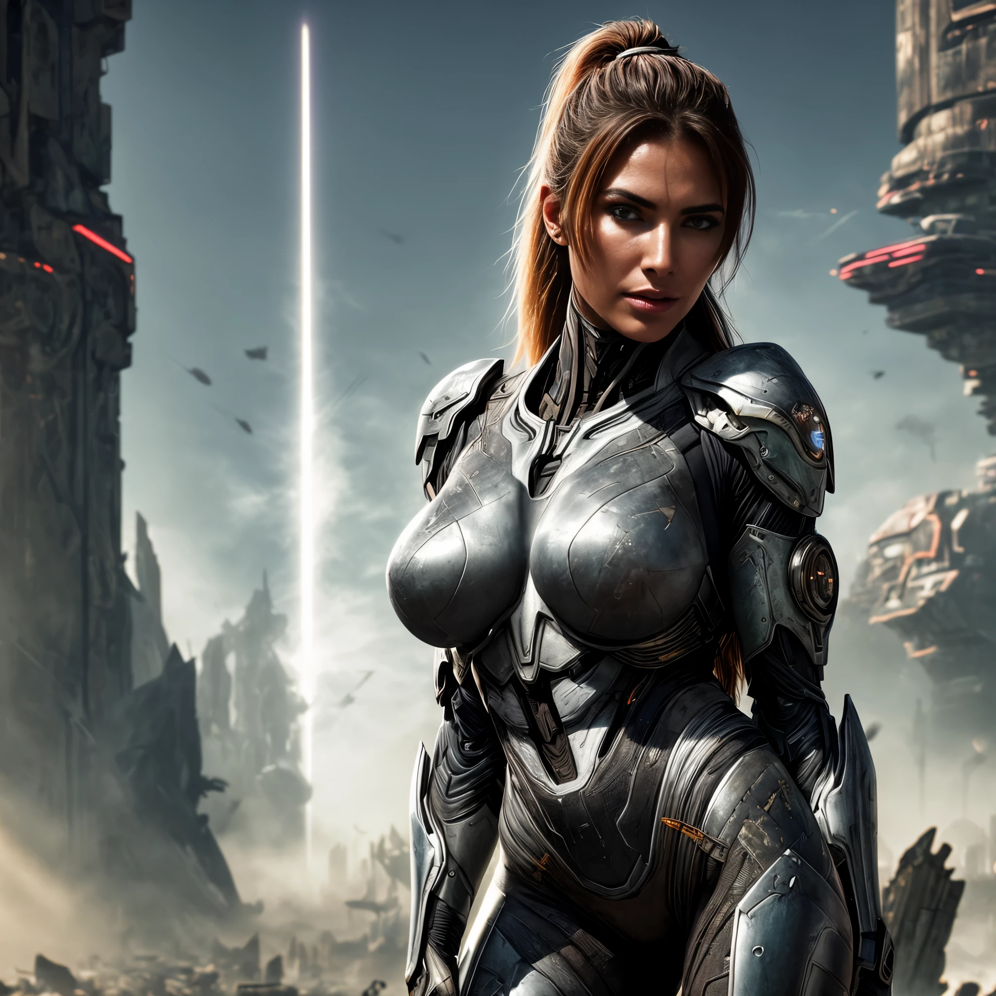 Medium shot of a sexy female cyborg wearing scratched and stained futuristic armor in a destroyed futuristic city, fantasia, sci-fi, lindo rosto feminino, sedutor, sexual, mist, vivid and seductive eyes, obra-prima da melhor qualidade, fotorrealista, detalhado, 8K, hdr, profundidade superficial de campo, luz ampla, alto contraste, backlight, florescer, brilhos de luz, Chromatic aberration, sharp focus, Foto colorida RAW