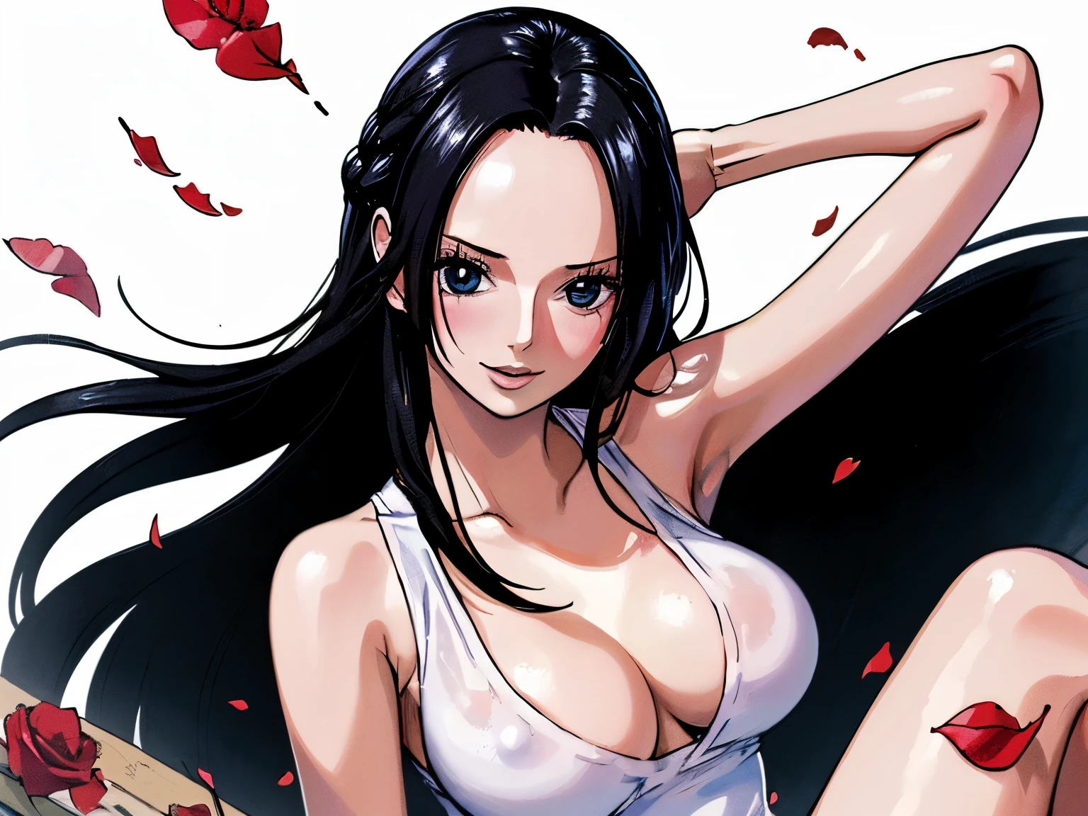 best quality, masterpiece, highly detailed,1girl,  ((rose)), (vine), cage, bandage, red rope, (detail light), falling rose petals, Boa Hancock, (nsfw:1.3), (masterpiece:1.5), Detailed Photo, Smiling, Sexy, (8K, Best Quality: 1.4), (1girl), Beautiful Face, (anime realistic Face), (Black Hair, long Hair: 1.3), Beautiful Hairstyle, Realistic eyes, beautiful detail eyes, (white skin), beautiful skin, absurd, attractive, ultra high resolution, ultra realistic, high definition, golden ratio, (sexually aroused:1.5), Pinkish white skin, cool white light, sexy pose, Beautiful , white background, pink soft white light, Wear a white tank top