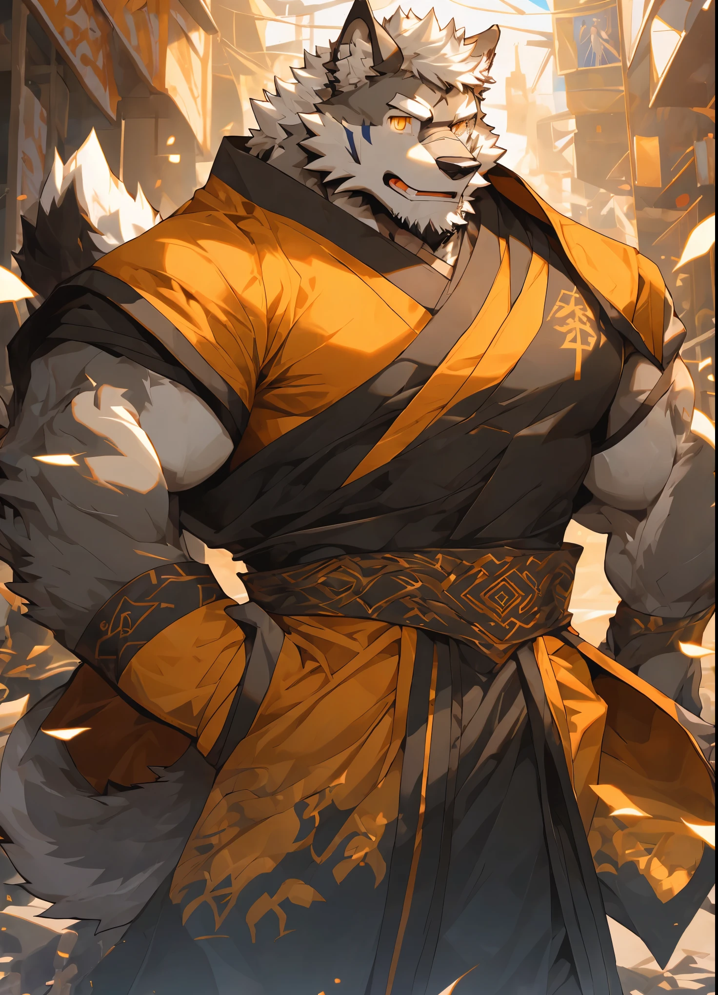 （masterpiece），（Very detailed），（best quality），hairy，Wolf，gray fur，white hair，golden pupils，muscular，Strong build，A Taoist priest，cool pose，(Orange Taoist Robe 1.2)，21st century street background，8k，（（high quality））