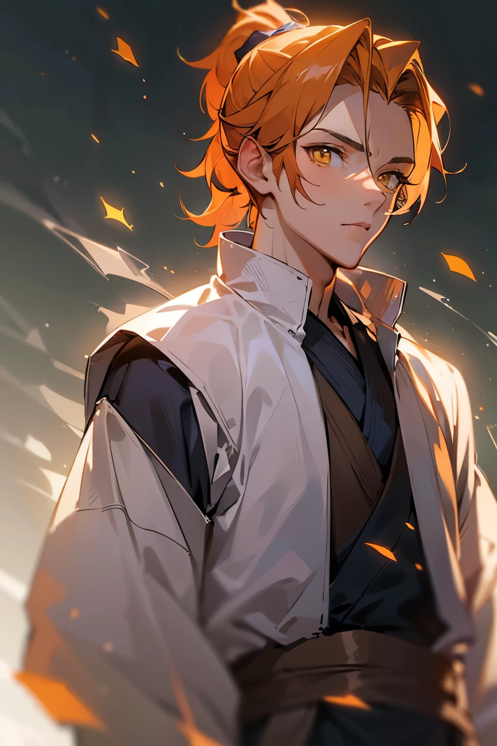 1male, Teen, Perfect Generation, Masterpiece Quality, Orange Hair, Short Ponytail, Yellow Eyes, Dark Background, White Jedi Clothing, Star Wars