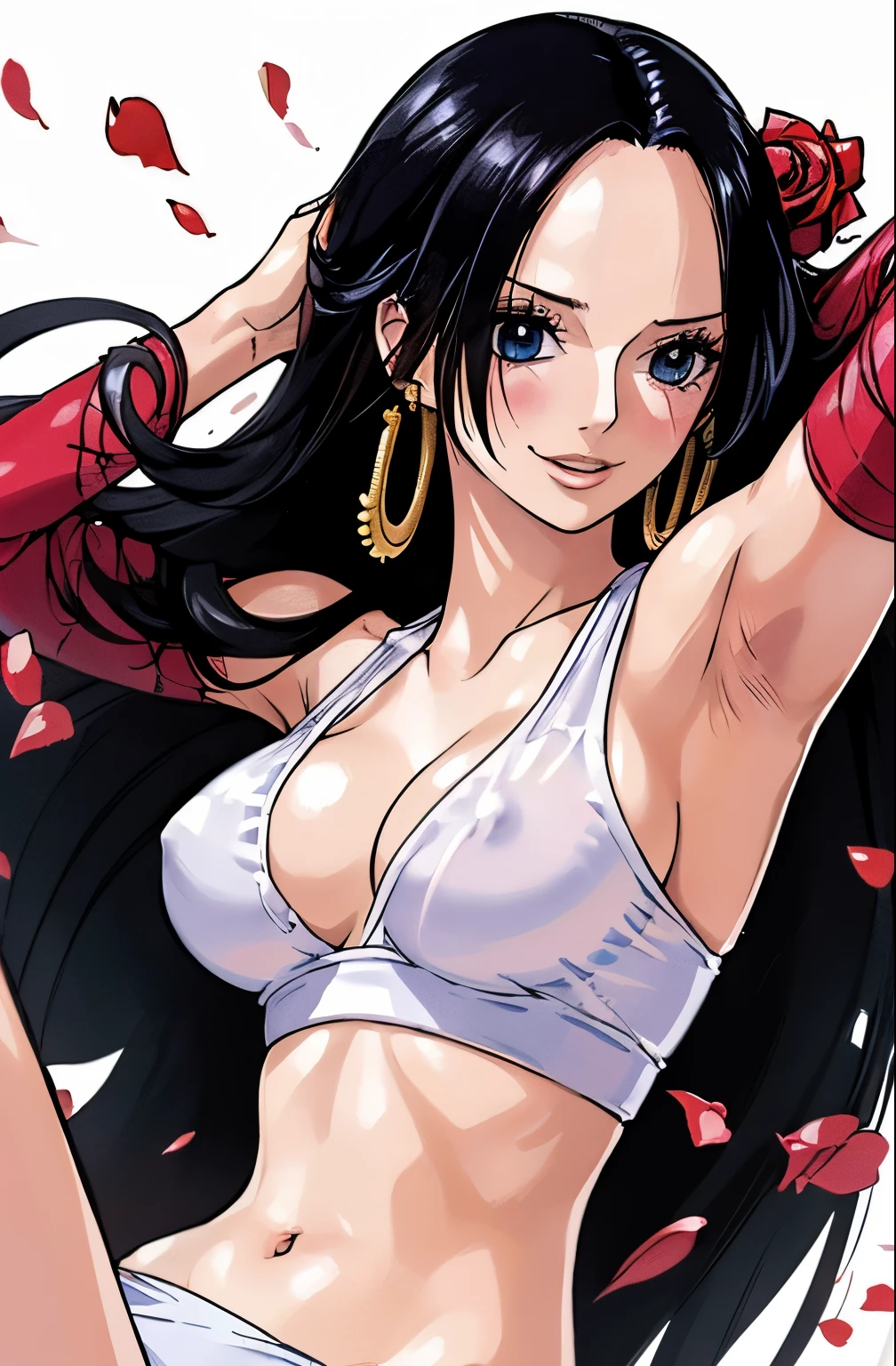 best quality, masterpiece, highly detailed,1girl, ((rose)), (vine), cage, bandage, red rope, (detail light), falling rose petals, Boa Hancock, (nsfw:1.3), (masterpiece:1.5), Detailed Photo, Smiling, Sexy, (8K, Best Quality: 1.4), (1girl), Beautiful Face, (anime realistic Face), (Black Hair, long Hair: 1.3), Beautiful Hairstyle, Realistic eyes, beautiful detail eyes, (white skin), beautiful skin, absurd, attractive, ultra high resolution, ultra realistic, high definition, golden ratio, (sexually aroused:1.5), Pinkish white skin, cool white light, sexy pose, Beautiful , white background, pink soft white light, Wear a white tank top