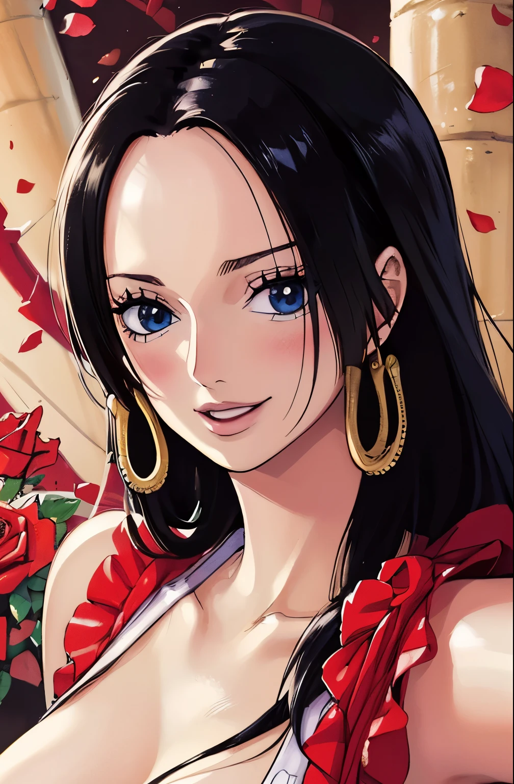 best quality, masterpiece, highly detailed,1girl,  ((rose)), (vine), cage, bandage, red rope, (detail light), falling rose petals, Boa Hancock, (nsfw:1.3), (masterpiece:1.5), Detailed Photo, Smiling, Sexy, (8K, Best Quality: 1.4), (1girl), Beautiful Face, (anime realistic Face), (Black Hair, long Hair: 1.3), Beautiful Hairstyle, Realistic eyes, beautiful detail eyes, (white skin), beautiful skin, absurd, attractive, ultra high resolution, ultra realistic, high definition, golden ratio, (sexually aroused:1.5), Pinkish white skin, cool white light, sexy pose, Beautiful , white background, pink soft white light, Wear a white tank top