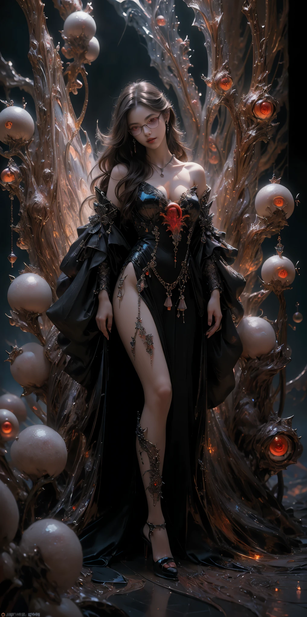 (The best illustrations)、realisitic、ultra-detailliert、The best lighting、Best Shadows、alluring succubus, ethereal beauty, perched on a cloud, (fantasy illustration:1.3), enchanting gaze, captivating pose, delicate wings, otherworldly charm, mystical sky, (Luis Royo:1.2), (Yoshitaka Amano:1.1), Dungeon and Dragon、caves、Dungeon、 A Necromancer、natta、Dark style、Succubus、Devil's Daughter、Bat Wings，(((Demon Hornlack-rimmed round glasses))))、(red eyes glowing:1.6)、​beautiful countenance、Tindall Effect、(High Detail Skins:1.2) absurderes、Ponytail distortion、jewely、Beautiful expression、Toned waist、Wide buttocks、Tindall Effectmasuter piece、top-quality、Highest Standards、Top image quality、masutepiece、intricate detailes、High resolution、Depth Field、natural soft light、profetional lighting、Great smile、(High Detail Skin: 1.2)、photorealistic anime girl render、Strong highlights of the eyes、Perfect Anatomy、crotch open、Shy、Spreading your legs、Panties are visible、Skirt flipping、Body shiny with oilerectile nipple))、8K resolution、intricate clothing、Intricate details