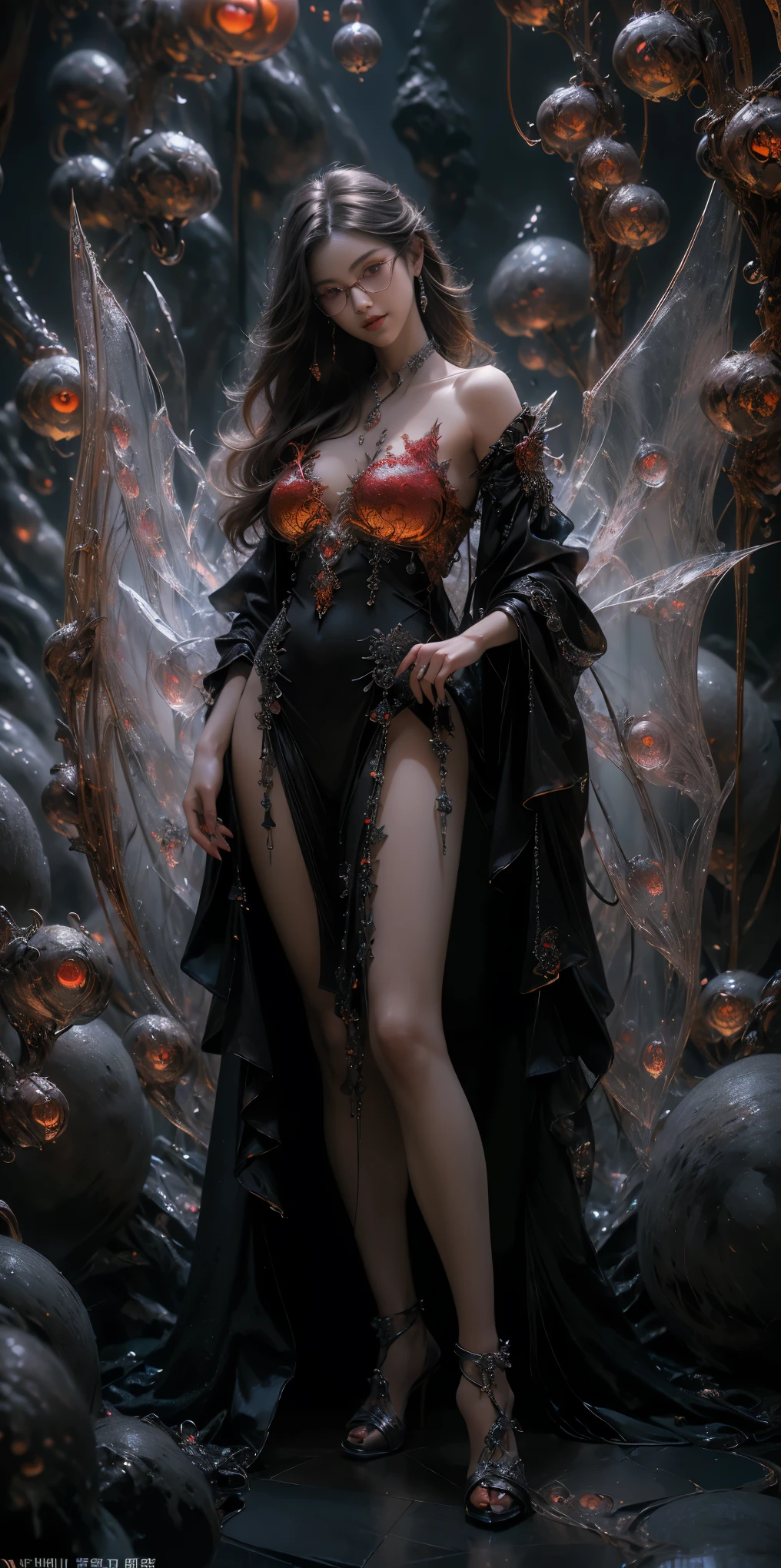 (The best illustrations)、realisitic、ultra-detailliert、The best lighting、Best Shadows、alluring succubus, ethereal beauty, perched on a cloud, (fantasy illustration:1.3), enchanting gaze, captivating pose, delicate wings, otherworldly charm, mystical sky, (Luis Royo:1.2), (Yoshitaka Amano:1.1), Dungeon and Dragon、caves、Dungeon、 A Necromancer、natta、Dark style、Succubus、Devil's Daughter、Bat Wings，(((Demon Hornlack-rimmed round glasses))))、(red eyes glowing:1.6)、​beautiful countenance、Tindall Effect、(High Detail Skins:1.2) absurderes、Ponytail distortion、jewely、Beautiful expression、Toned waist、Wide buttocks、Tindall Effectmasuter piece、top-quality、Highest Standards、Top image quality、masutepiece、intricate detailes、High resolution、Depth Field、natural soft light、profetional lighting、Great smile、(High Detail Skin: 1.2)、photorealistic anime girl render、Strong highlights of the eyes、Perfect Anatomy、crotch open、Shy、Spreading your legs、Panties are visible、Skirt flipping、Body shiny with oilerectile nipple))、8K resolution、intricate clothing、Intricate details