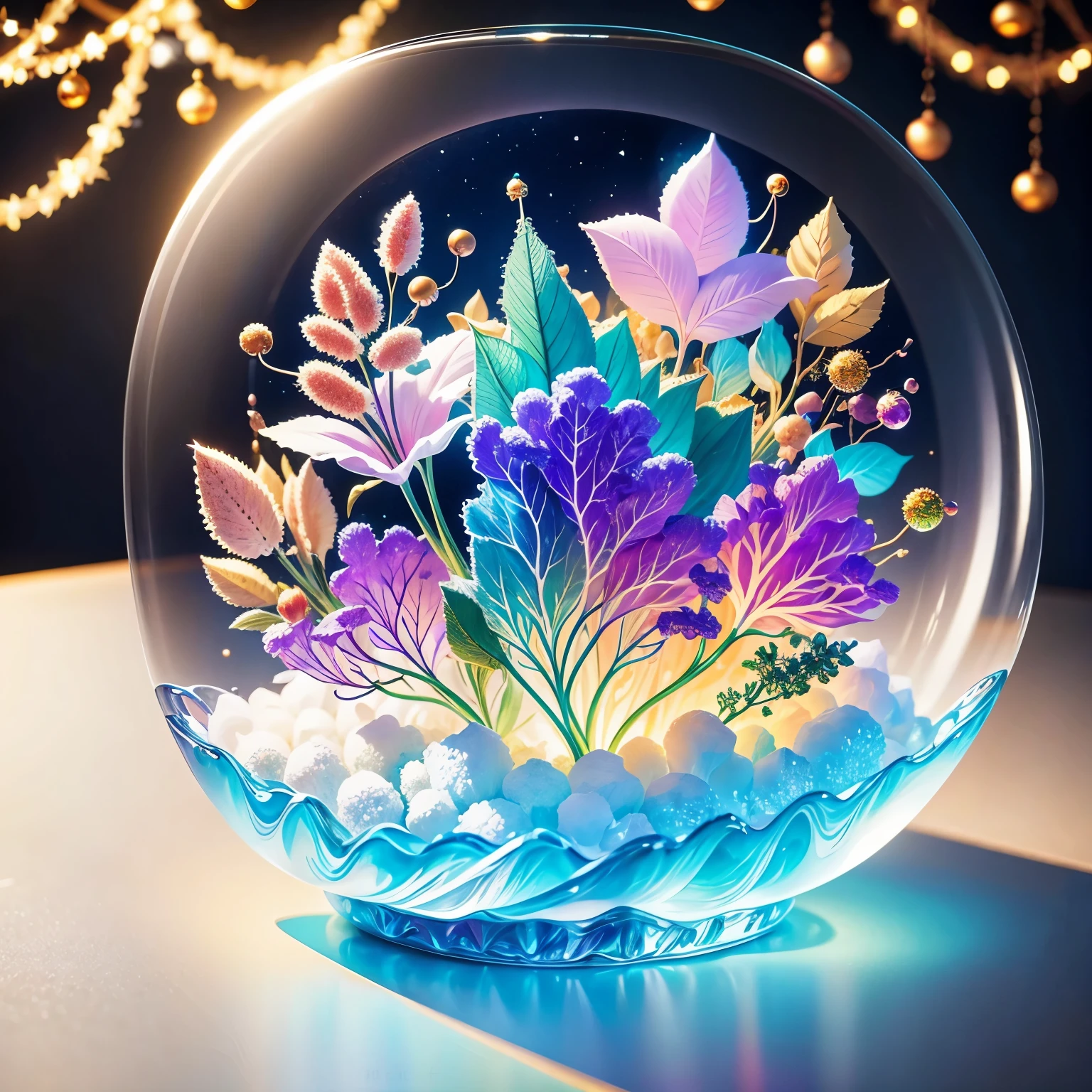 (La best quality,high resolution,super detailed,actual)，Laurel flowers formed from jelly，in the room，Christmas decoration，surrounded by christmas gifts，A masterpiece full of fantasy elements）））， （（best quality））， （（intricate details））（8k）