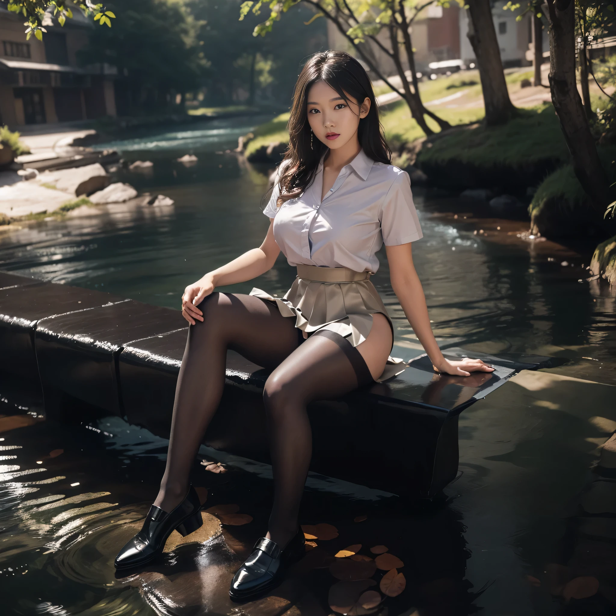 (whole body:2),(1 girl:1.3),(show viewer:1.4),(correct anatomy:1.45),(Sitting by the creek,:1.35),(Reflective Carbon Fiber Pantyhose:1.4),(Mature sensual woman wearing printed fantasy nurse suit JK student uniform pleated skirt and polished jk uniform leather shoes :1.35),(Woman with big ass, chest, and a thin waist:1.4), (light particle effect:1.3),(in pink | yellow | blue corn green |red | White| color is black| purplish color| gray| beige| skin color 1.4),(shining eyes:1.3),(Large amplitude operation: 1.3),(accurate and perfect face:1.4),hyper hd, ray tracing, reflected light,structurally correct, award-winning, high detail, Brighten the contrast of shadows, face lighting ,cinematic lighting, table top, Super detailed, high quality, high detail, 最high quality, 16k,high contrast,