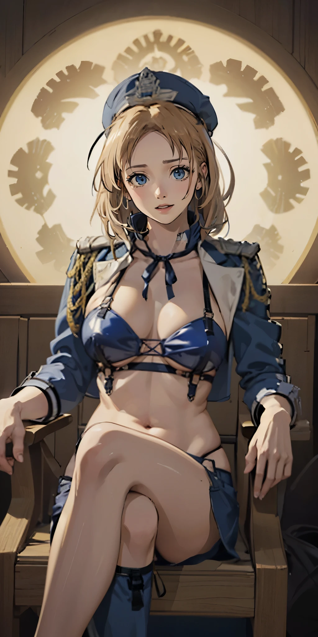 blonde hair:1.4), blue eyes, low ponytail, large breasts (best quality,4k,8k,highres,masterpiece:1.2),ultra-detailed,(realistic,photorealistic,photo-realistic:1.37), race queen, cropped jacket, huge breast, highleg bikini, micro shorts, thigh boots, peaked cap, sitting, crossed legs, armchair, nsfw, illustration, vibrant colors, warm tone, dramatic lighting, ethereal atmosphere, flowing robes, dramatic lighting, intense expression, mystical symbol, intense gaze, elegant pose, magical aura, enchanting beauty, mystical setting, enchanting artwork, intricate details. sweating, fog, steaming body