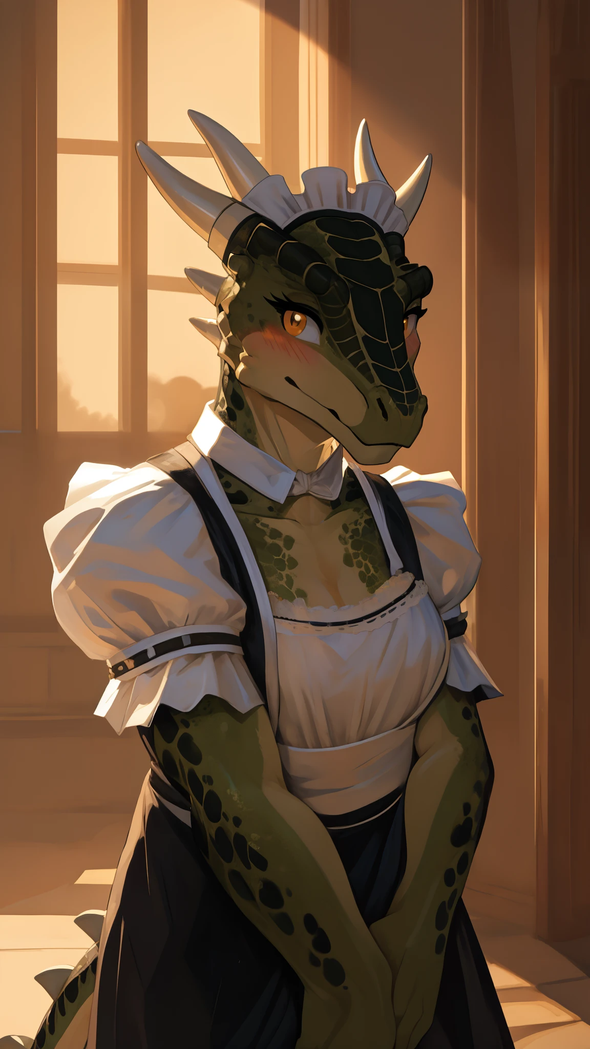 anime, hdr, soft light, ((best quality)), ((masterpiece)), (detailed), lustyargonian, maid, colored skin, green skin, maid headdress, tail, horns, (scales:1.2), (snout, animal nose:1.1), blush, embarrassed, (looking at viewer:1.1), cowboy shot,  captivating pose, mansion, 