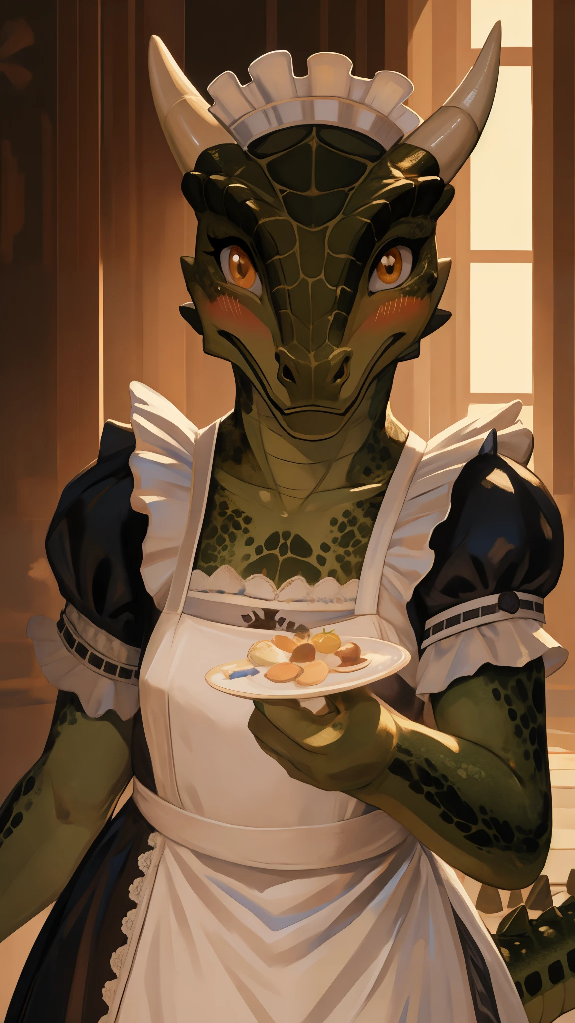 anime, hdr, soft light, ((best quality)), ((masterpiece)), (detailed), lustyargonian, maid, colored skin, green skin, maid headdress, tail, horns, (scales:1.2), (snout, animal nose:1.1), blush, embarrassed, (looking at viewer:1.1), cowboy shot,  captivating pose, mansion, 